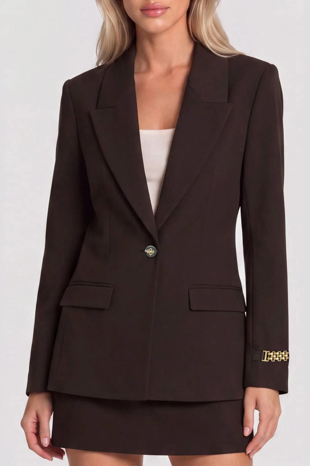 Donkerblauwe dames NIKKIE getailleerde blazer van gerecycled polyester met effen, lange mouwen, reverskraag, knoopsluiting en split