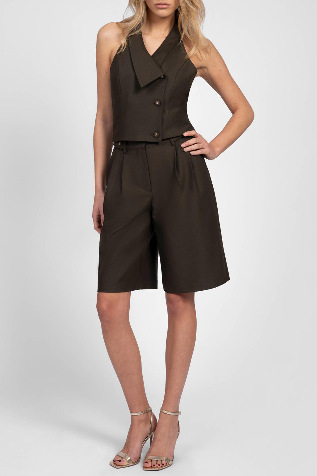 Donkerblauwe dames NIKKIE regular fit bermuda short van polyester met high waist en effen