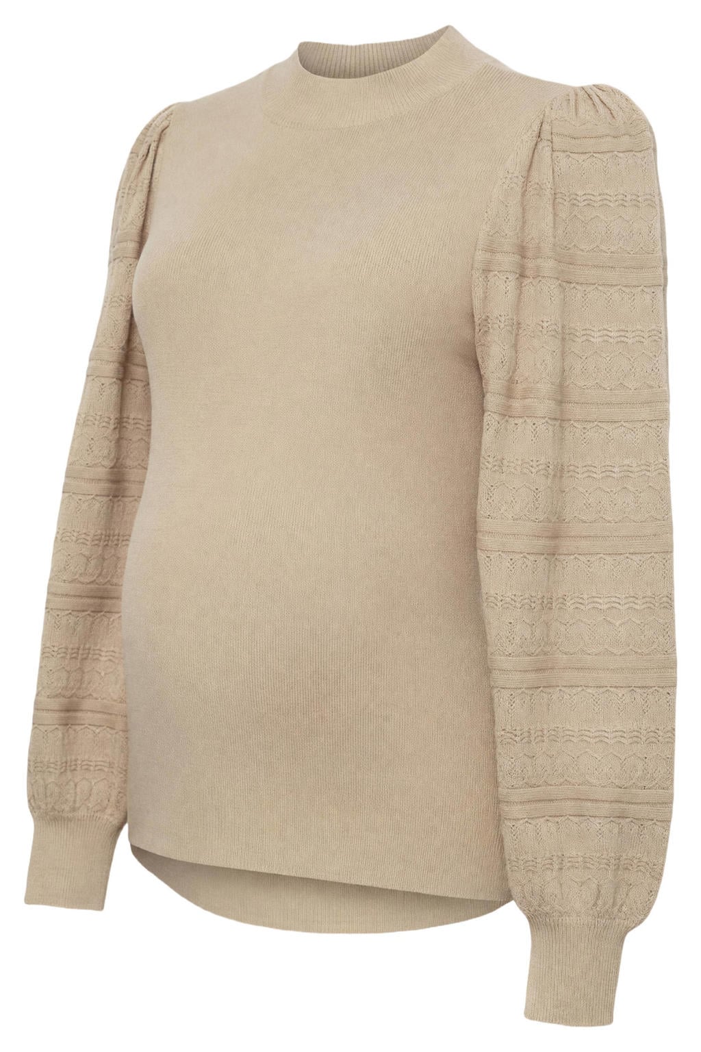 Beige dames VERO MODA MATERNITY rechtvallende gebreide zwangerschapstrui van viscose met effen, lange mouwen en opstaande kraag