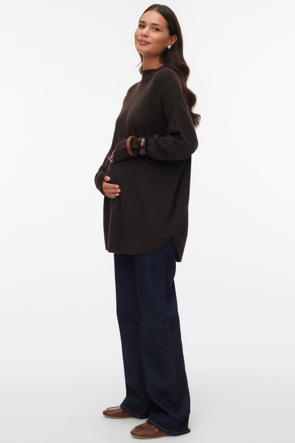 Donkerblauwe dames VERO MODA MATERNITY gebreide zwangerschapstrui van polyester met effen, lange mouwen en opstaande kraag
