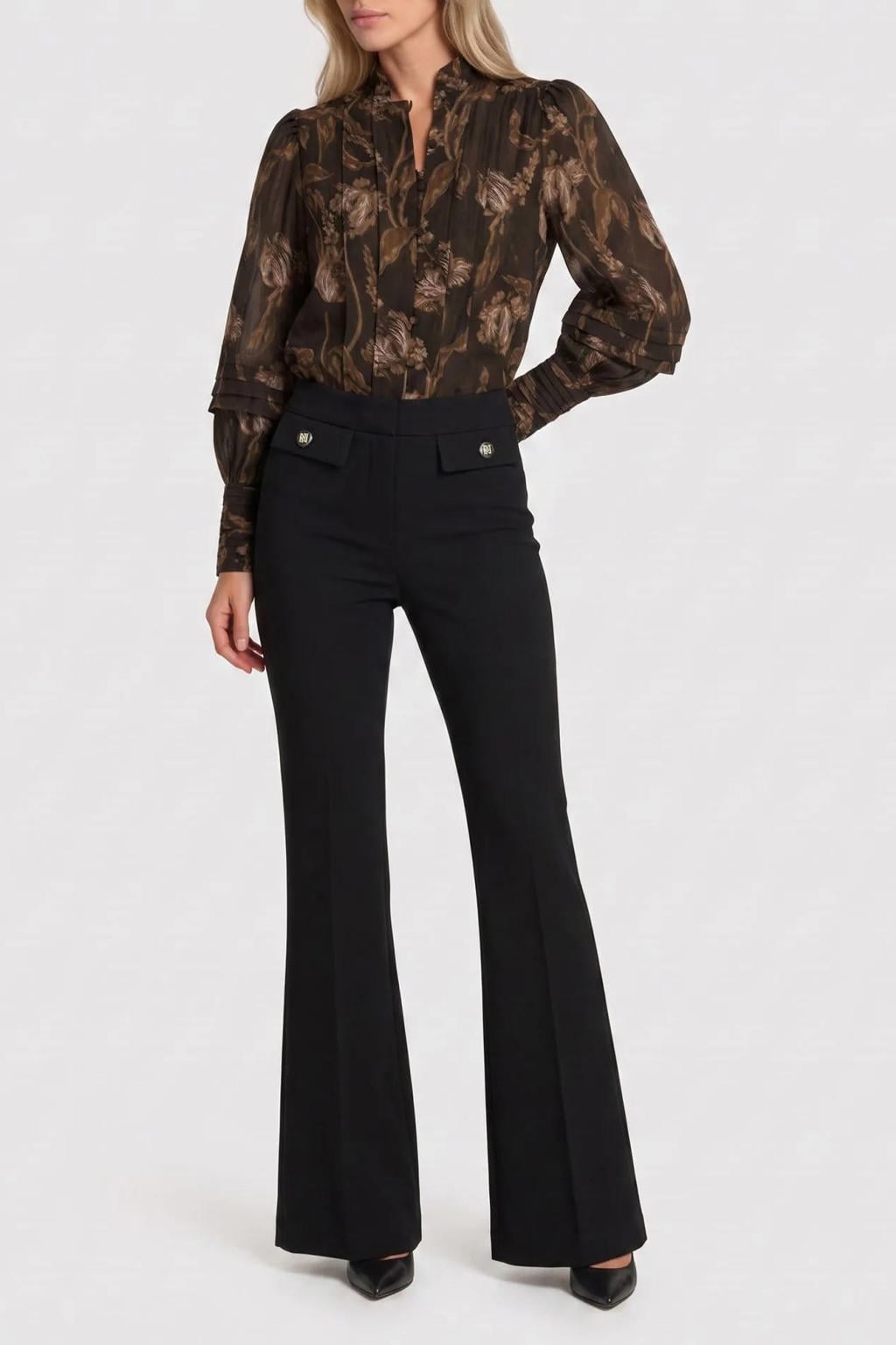 Zwarte dames NIKKIE high waist flared broek van katoen met rits, haak- en knoopsluiting en effen