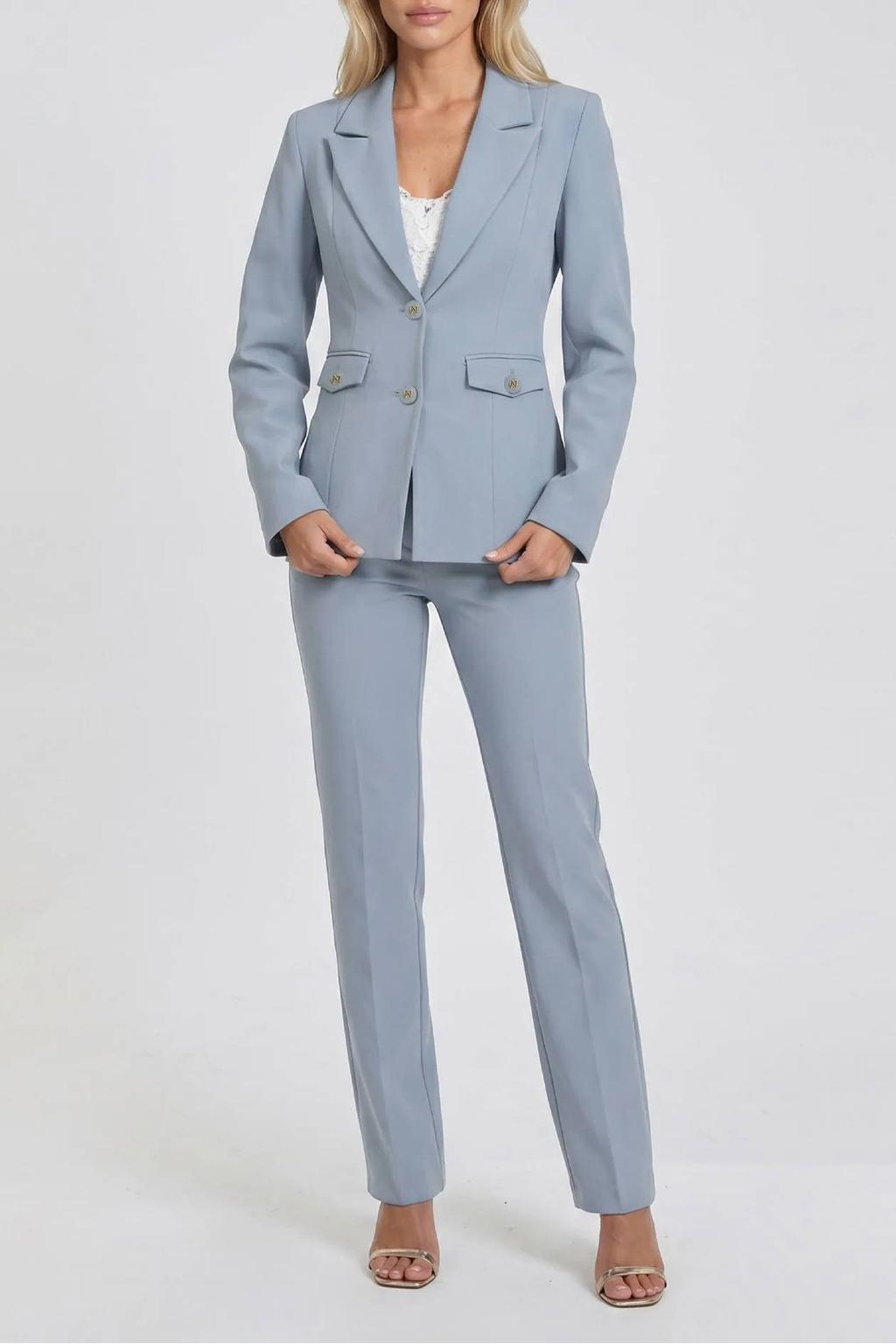 Lichtblauwe dames NIKKIE wide leg broek met high waist, rits- en haaksluiting en effen
