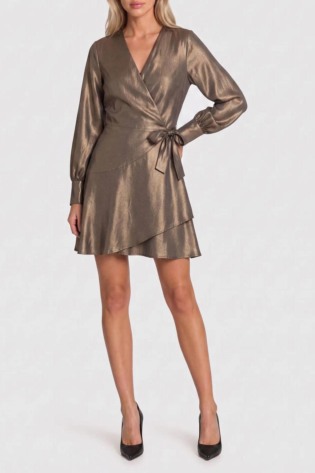Bronzen dames NIKKIE korte wikkeljurk van viscose met effen, lange mouwen, V-hals en striksluiting