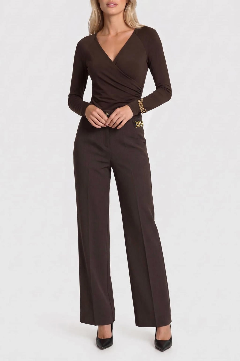 NIKKIE wide leg broek - donkerbruin
