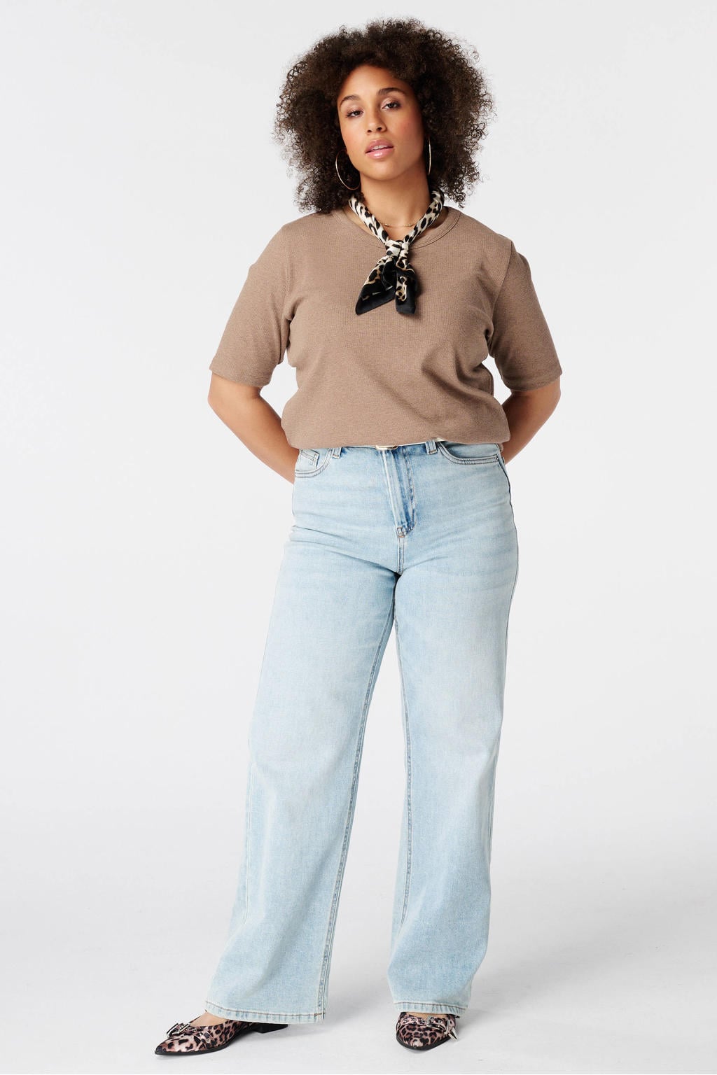 Taupe dames MS Mode top Plus Size met effen en korte mouwen