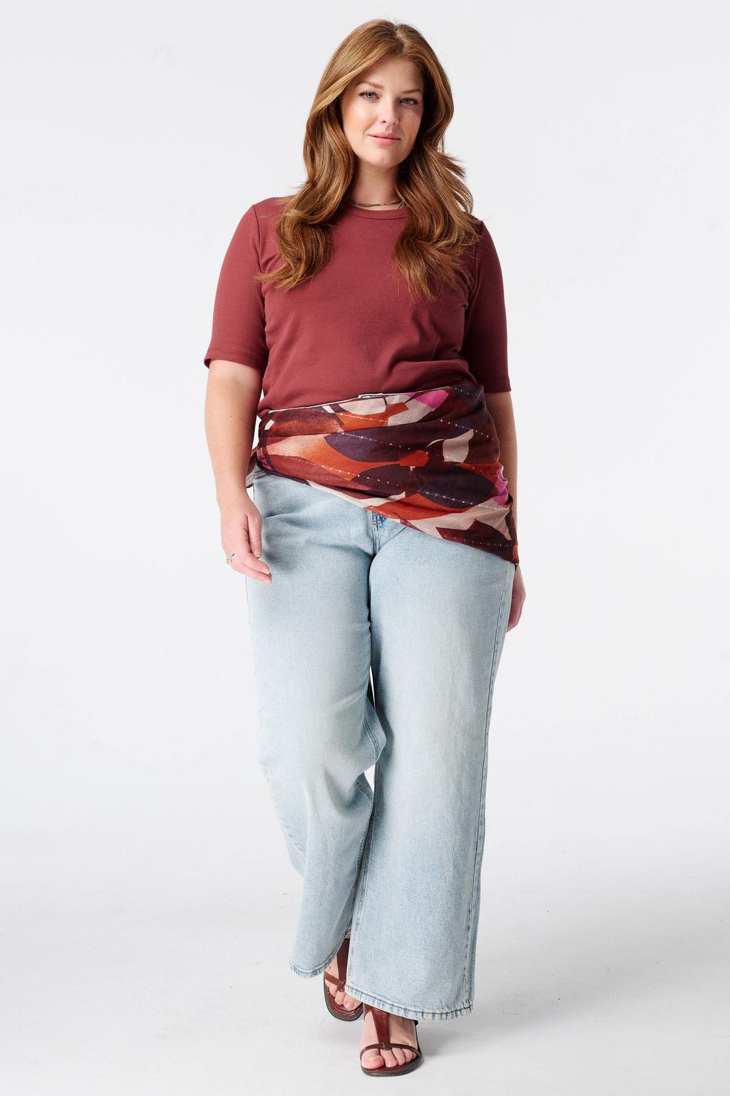 Roodbruine dames MS Mode top Plus Size bruin met effen en korte mouwen