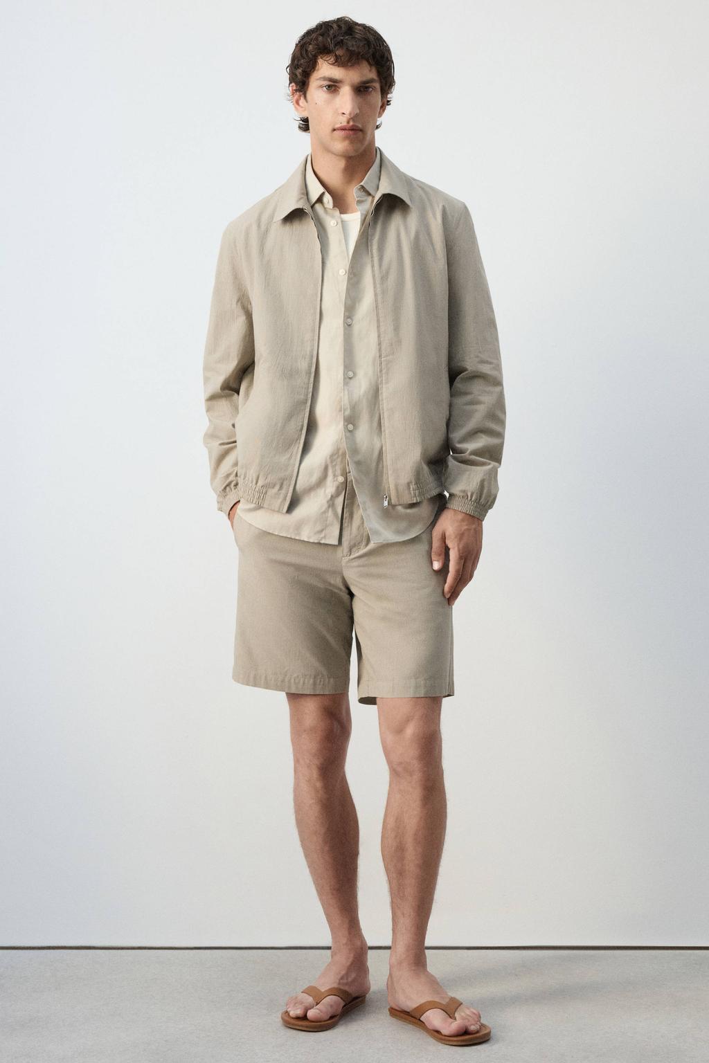 Beige heren Mango Man katoenen geruite tussenjas met lange mouwen, klassieke kraag en ritssluiting