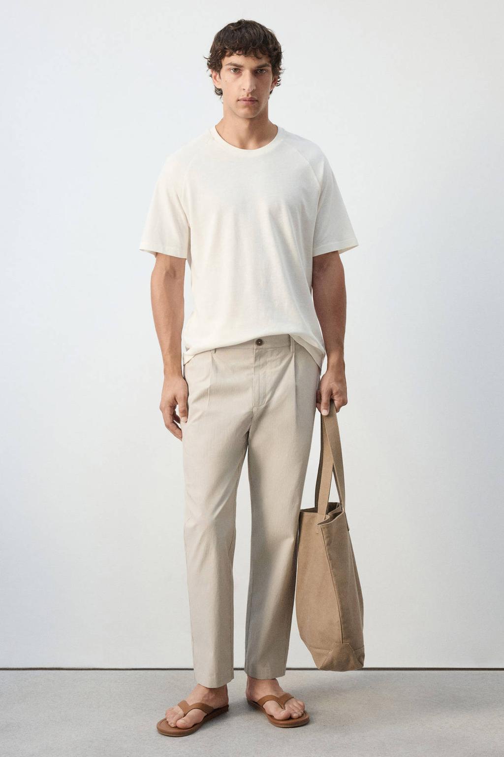 Mango Man regular fit casual broek met plooien, krijtstreep en linnen - lichtbruin