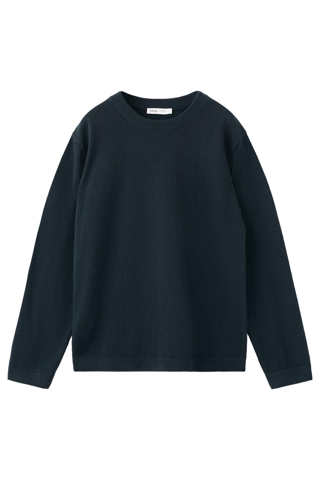 Marineblauw jongens Mango Kids gebreide trui blauw van katoen met effen, lange mouwen en ronde hals