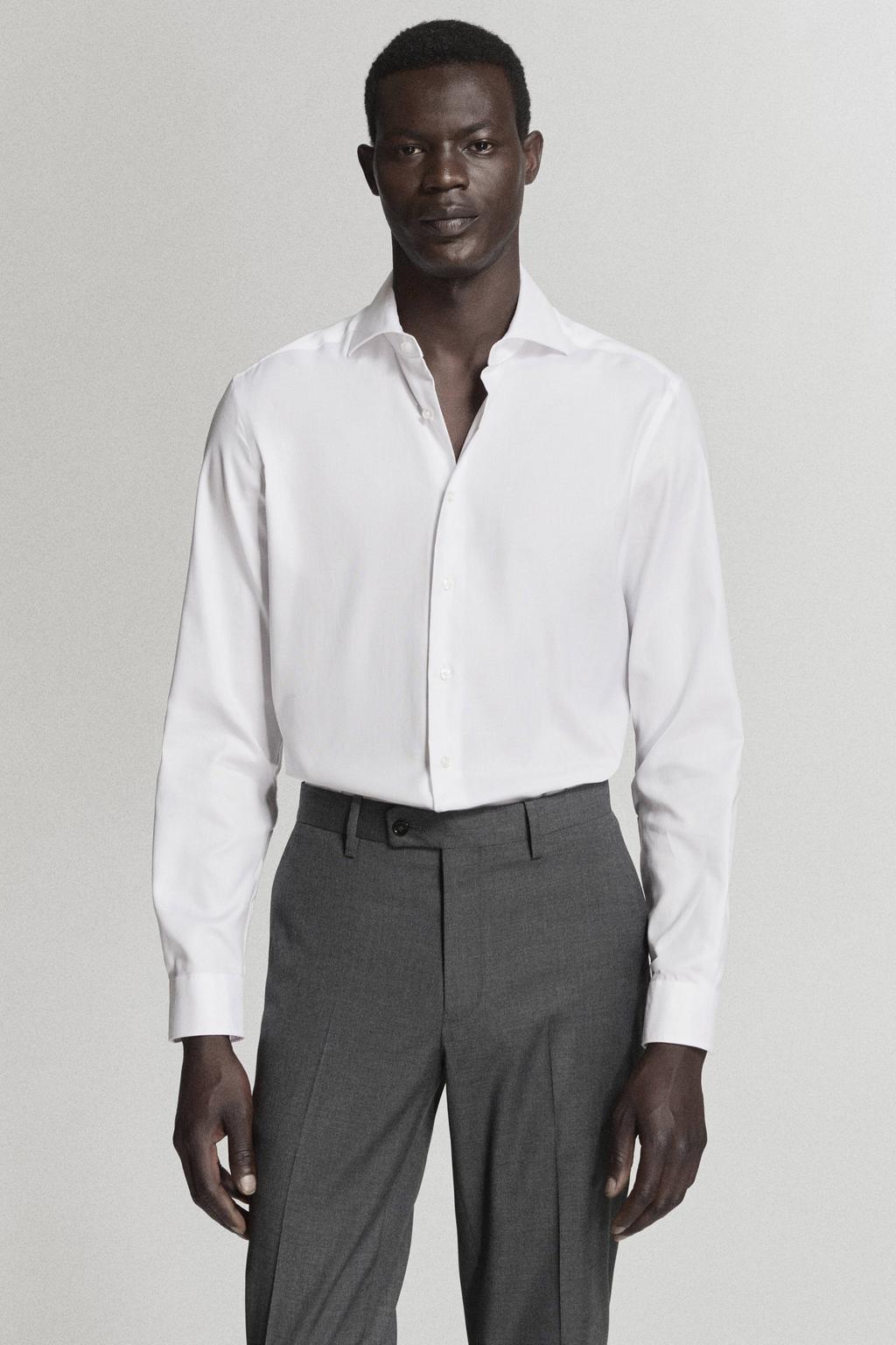 Witte heren Mango Man slim fit overhemd van katoen met effen, lange mouwen en klassieke kraag