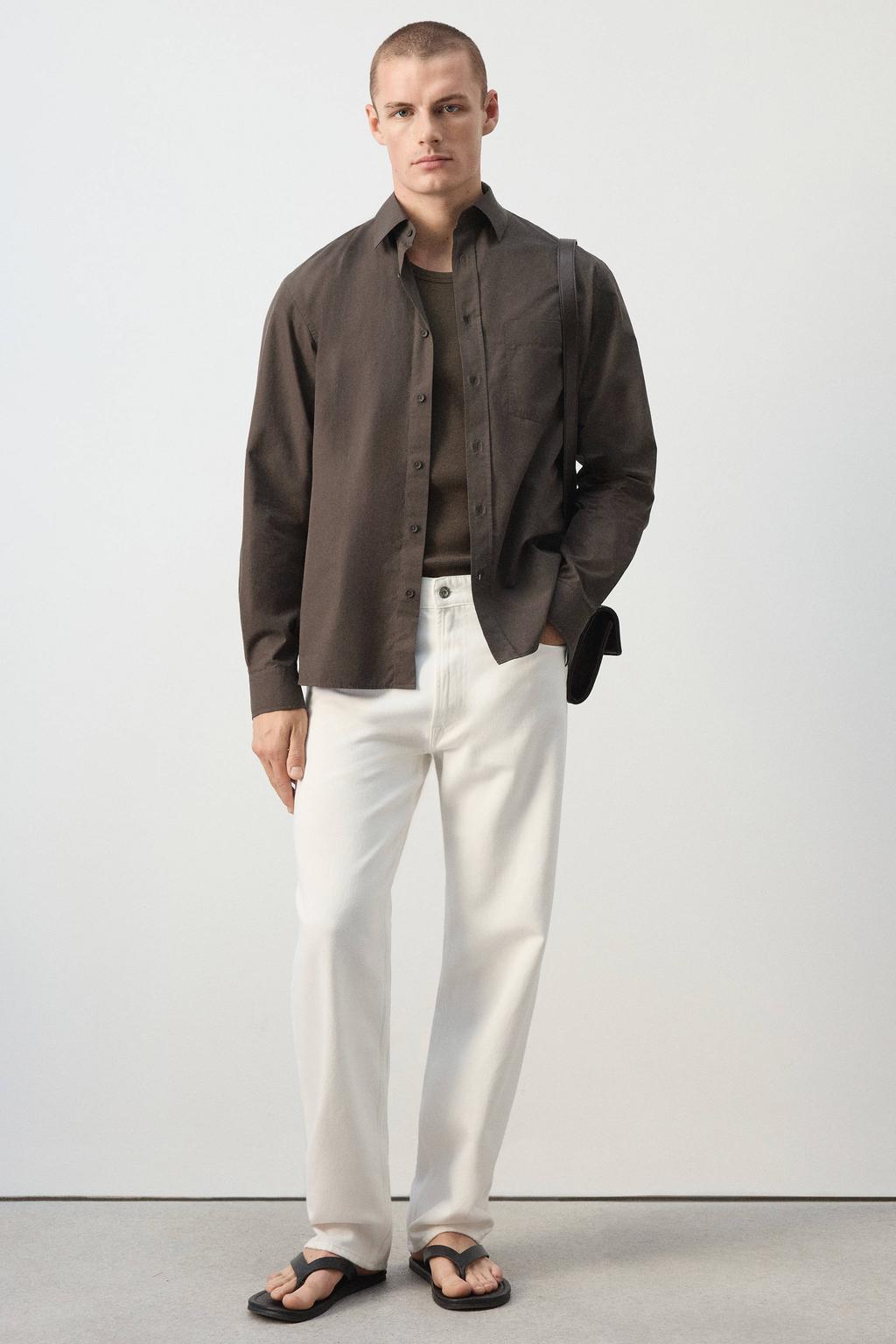 Bruine heren Mango Man relaxed fit overhemd van katoen met effen, lange mouwen en klassieke kraag