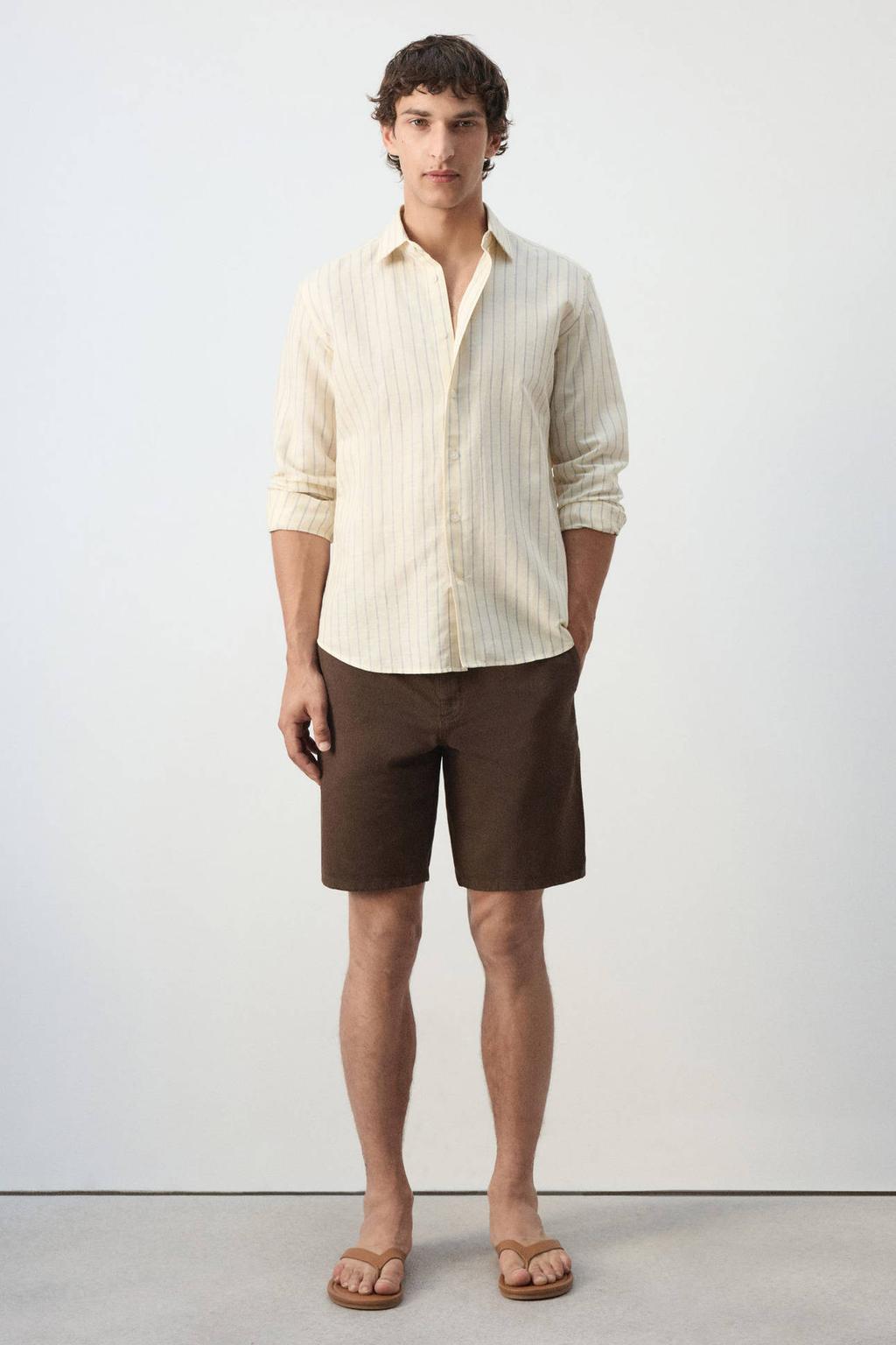 Gele heren Mango Man relaxed fit overhemd en linnen met lange mouwen en klassieke kraag