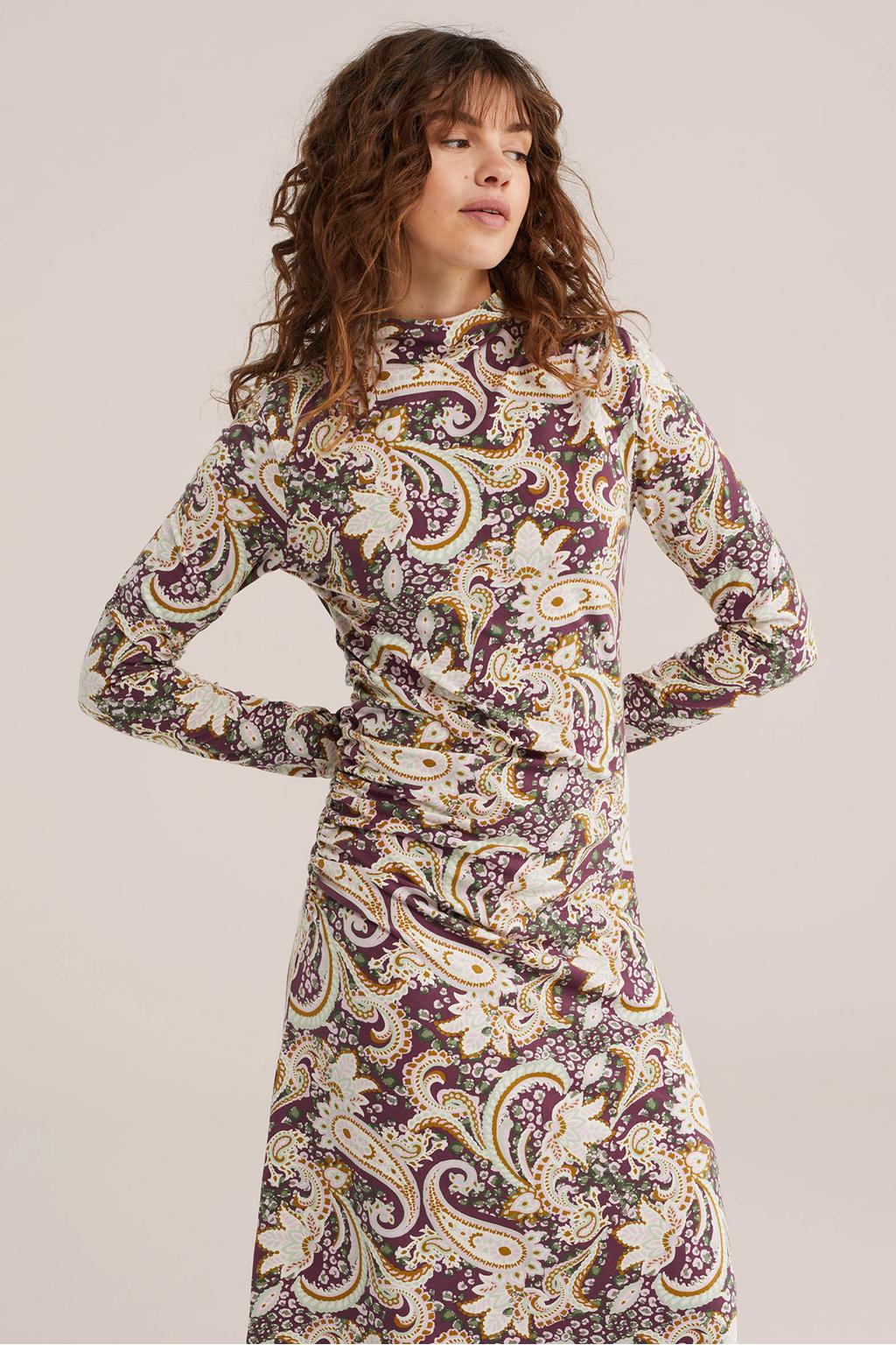 Multikleurige dames WE Fashion midi jurk meerkleurig van katoen met effen, lange mouwen en opstaande kraag