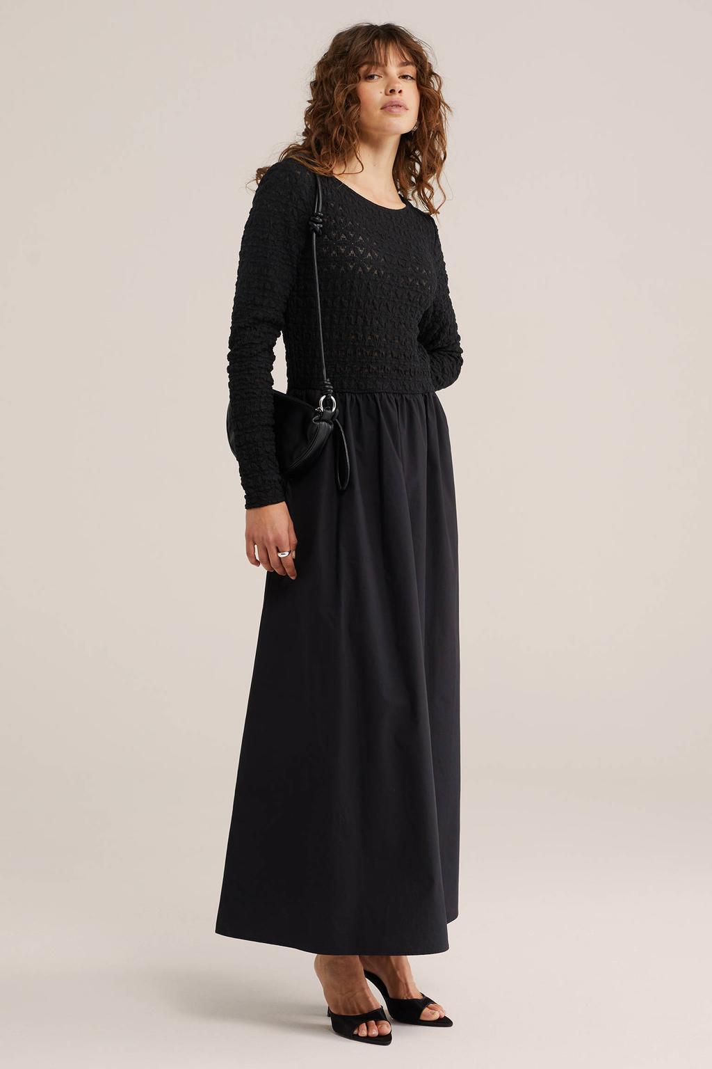 Zwarte dames WE Fashion maxi jurk van katoen met effen, lange mouwen en ronde hals