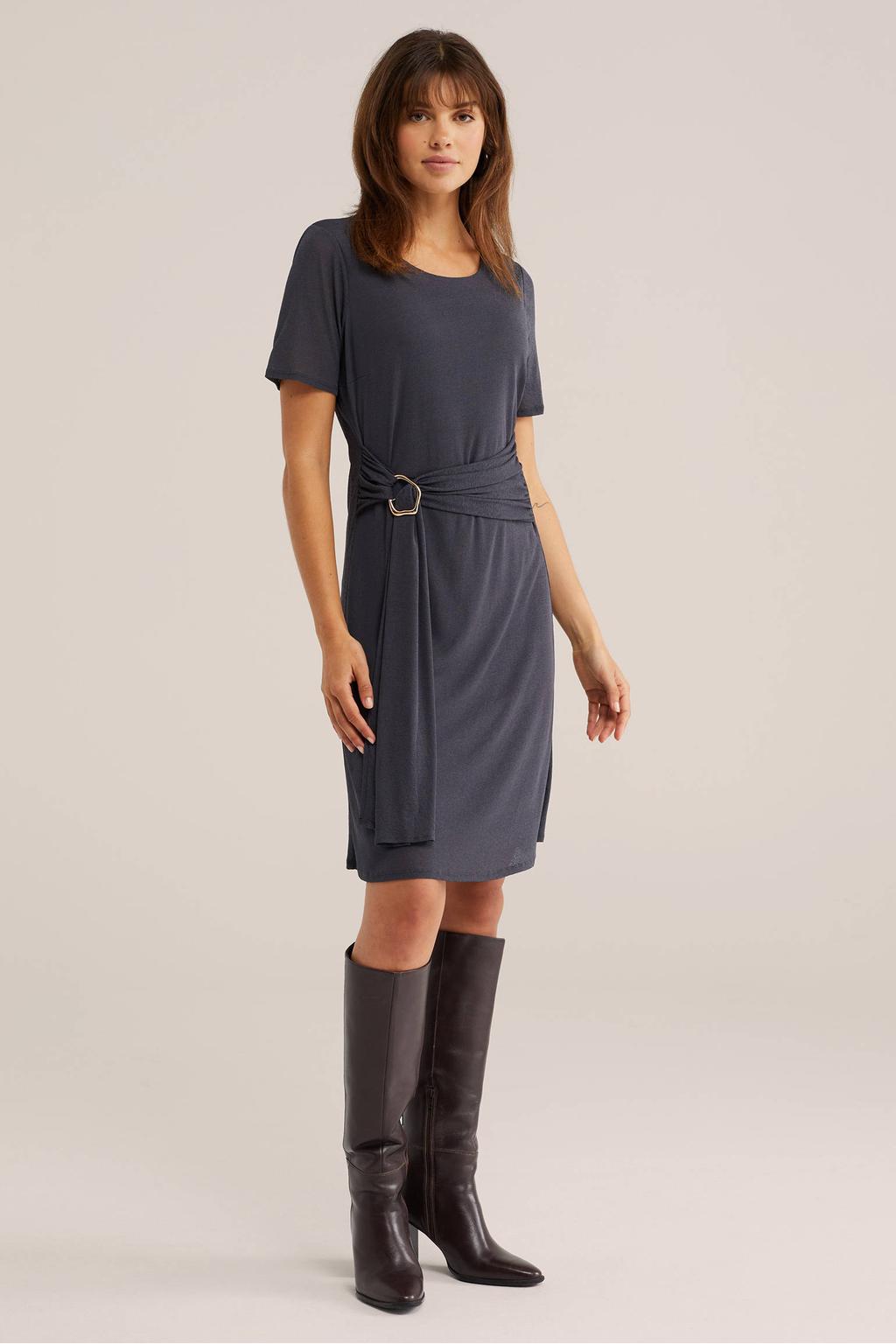 Grijsblauwe dames WE Fashion korte jurk blauw van polyester met effen, driekwart mouwen en ronde hals