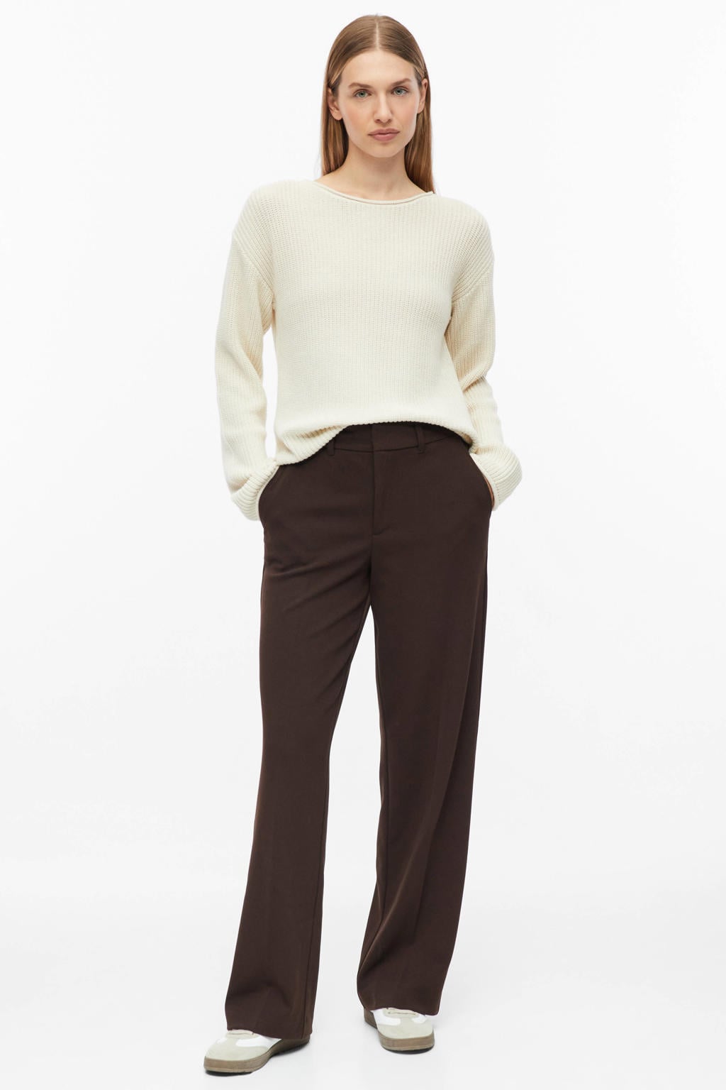 Donkerblauwe dames s.Oliver wide leg broek met high waist, rits- en haaksluiting en effen