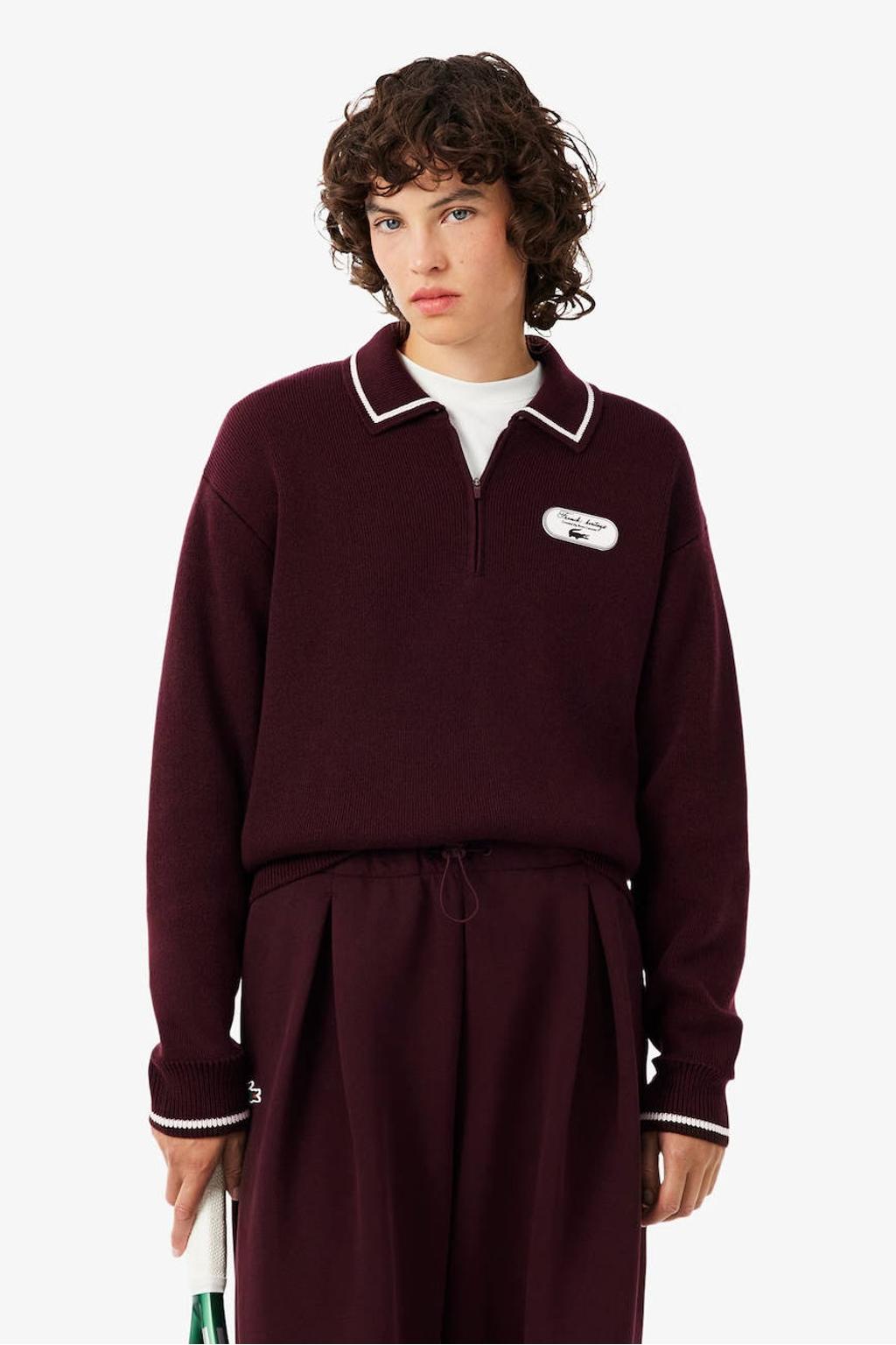 Donkerrode dames Lacoste pullover van lyocell met effen, lange mouwen en klassieke kraag