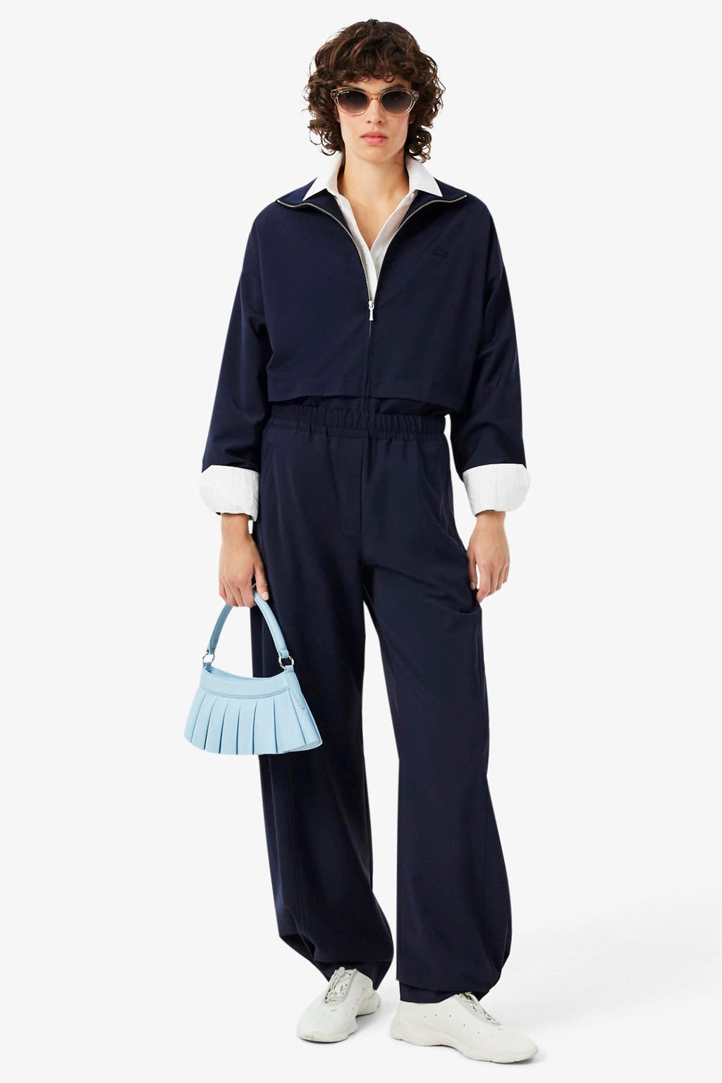 Donkerblauwe dames Lacoste bomberjack van polyester met effen, lange mouwen en opstaande kraag