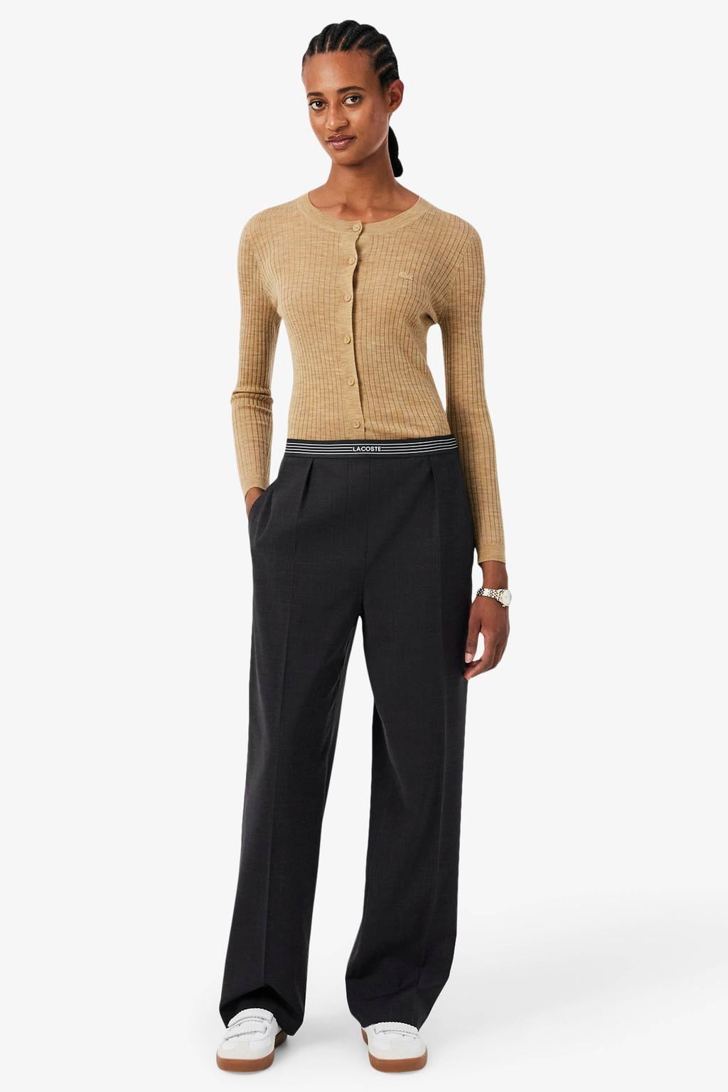 Antraciete dames Lacoste loose fit casual broek en wol met regular waist en elastische tailleband