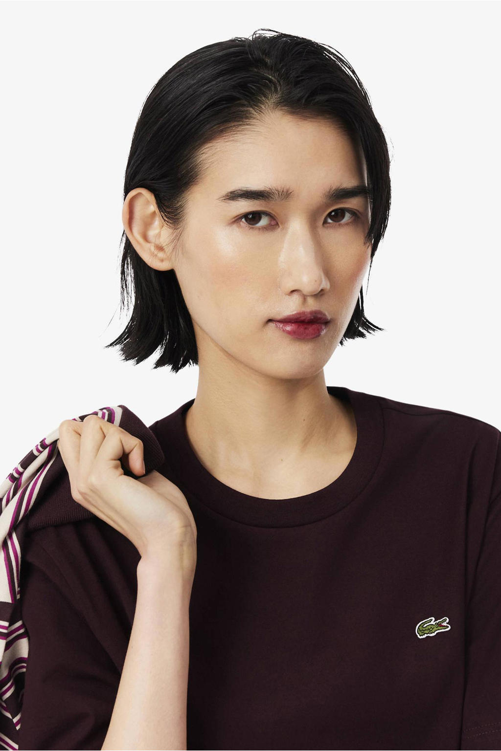Donkerrode dames Lacoste T-shirt van katoen met logo dessin, korte mouwen en ronde hals