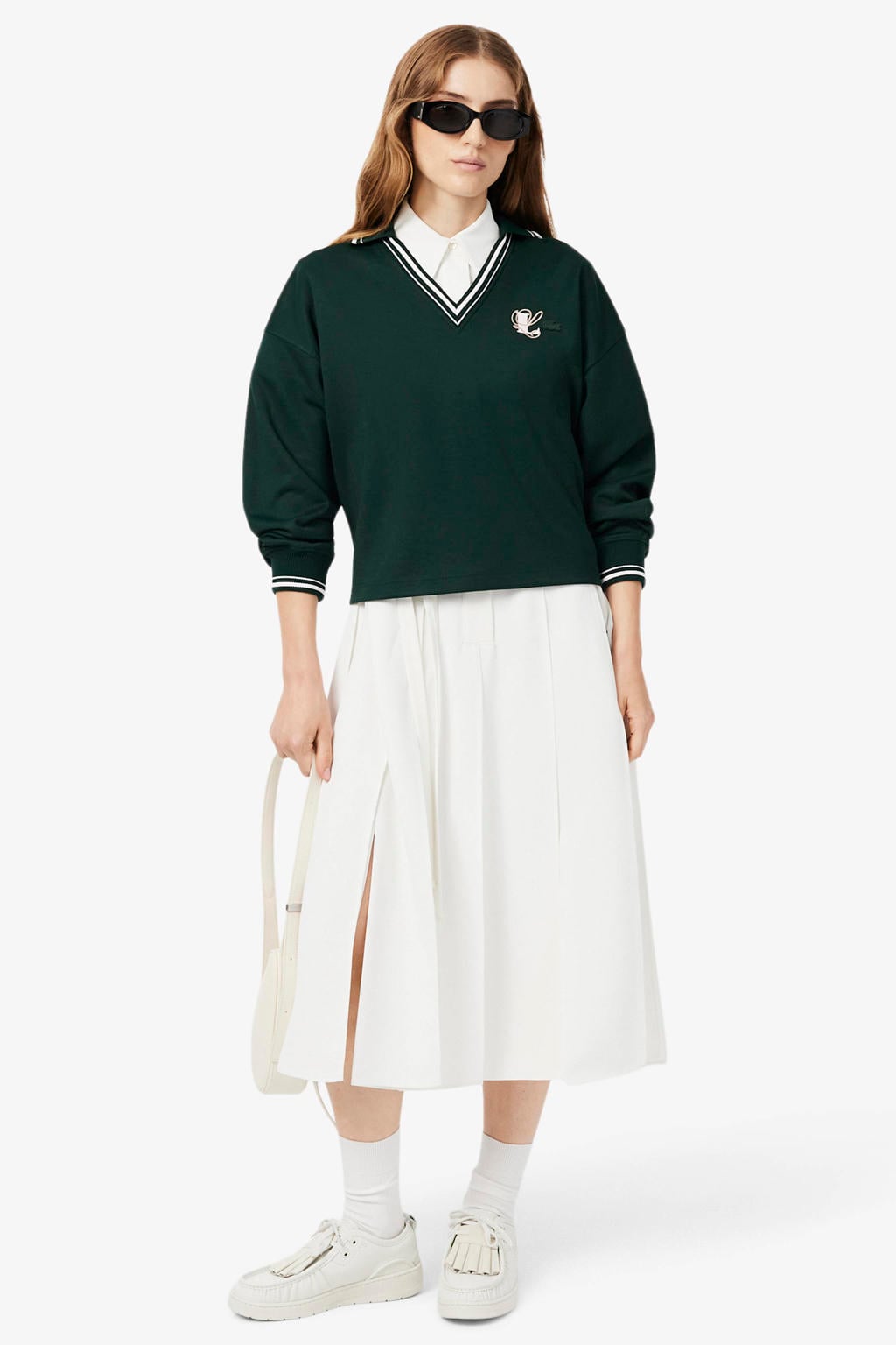 Donkergroen en ecru dames Lacoste sweater van polyester met logo dessin, lange mouwen en V-hals