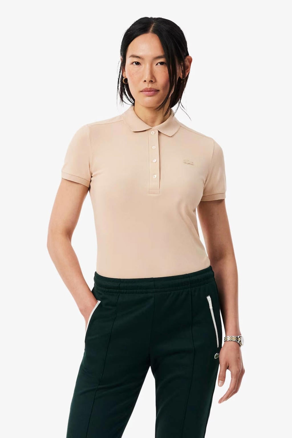 Beige dames Lacoste rechtvallende polo van katoen met logo dessin, korte mouwen en klassieke kraag