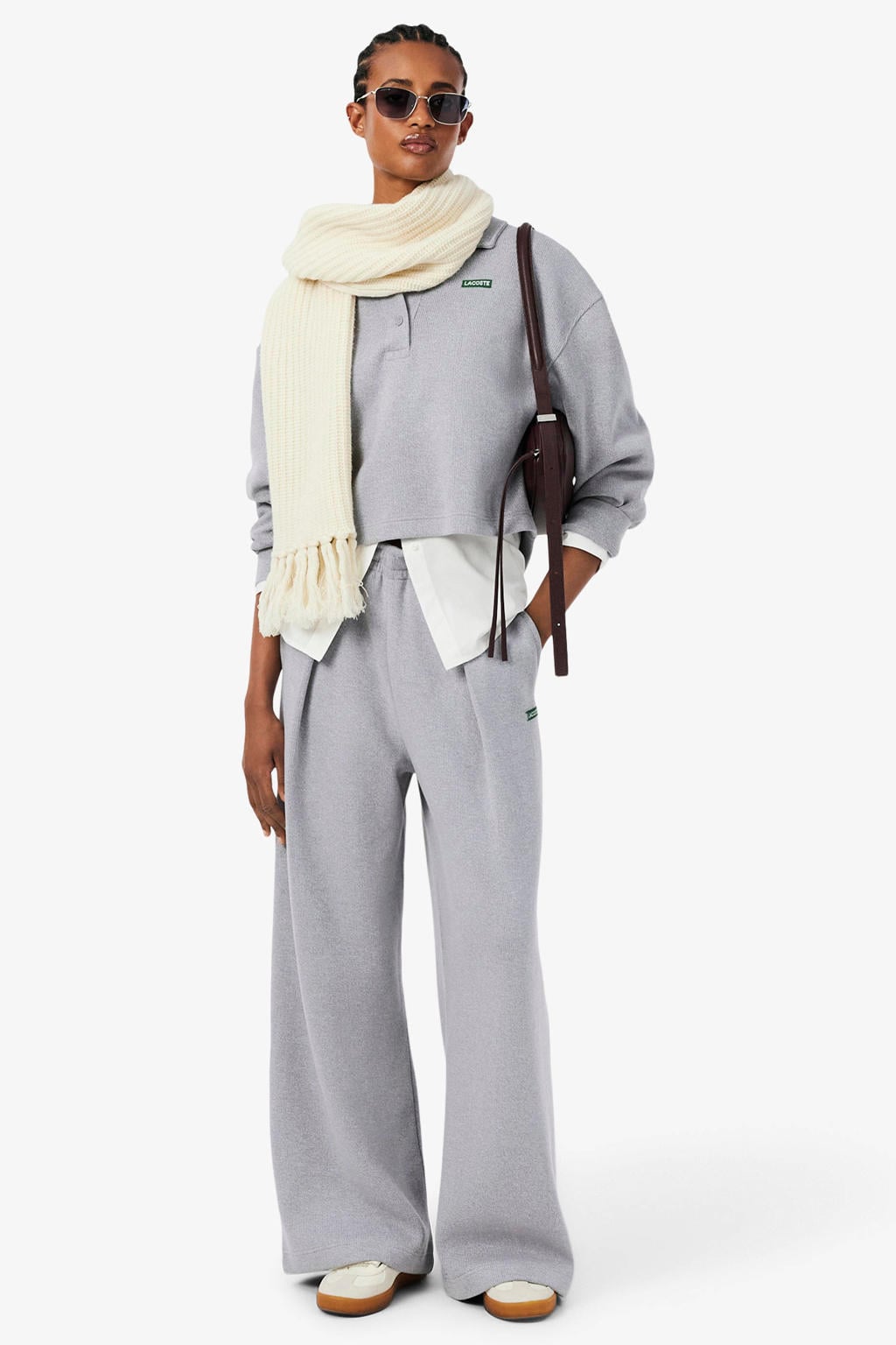 Grijze dames Lacoste wide leg broek van katoen met high waist en logo dessin