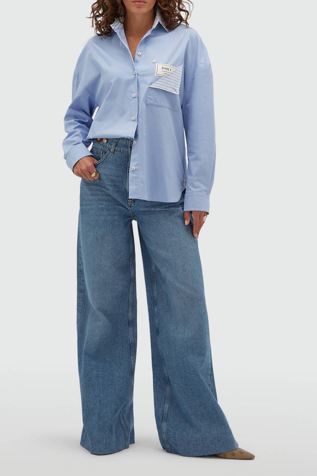 Lichtblauwe dames JOSH V blouse van katoen met effen, lange mouwen, klassieke kraag en knoopsluiting