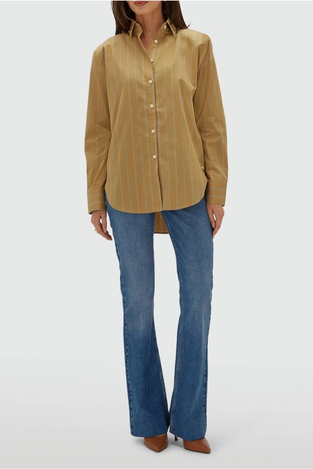 Camelkleurige dames JOSH V gestreepte blouse van katoen met lange mouwen, klassieke kraag en knoopsluiting
