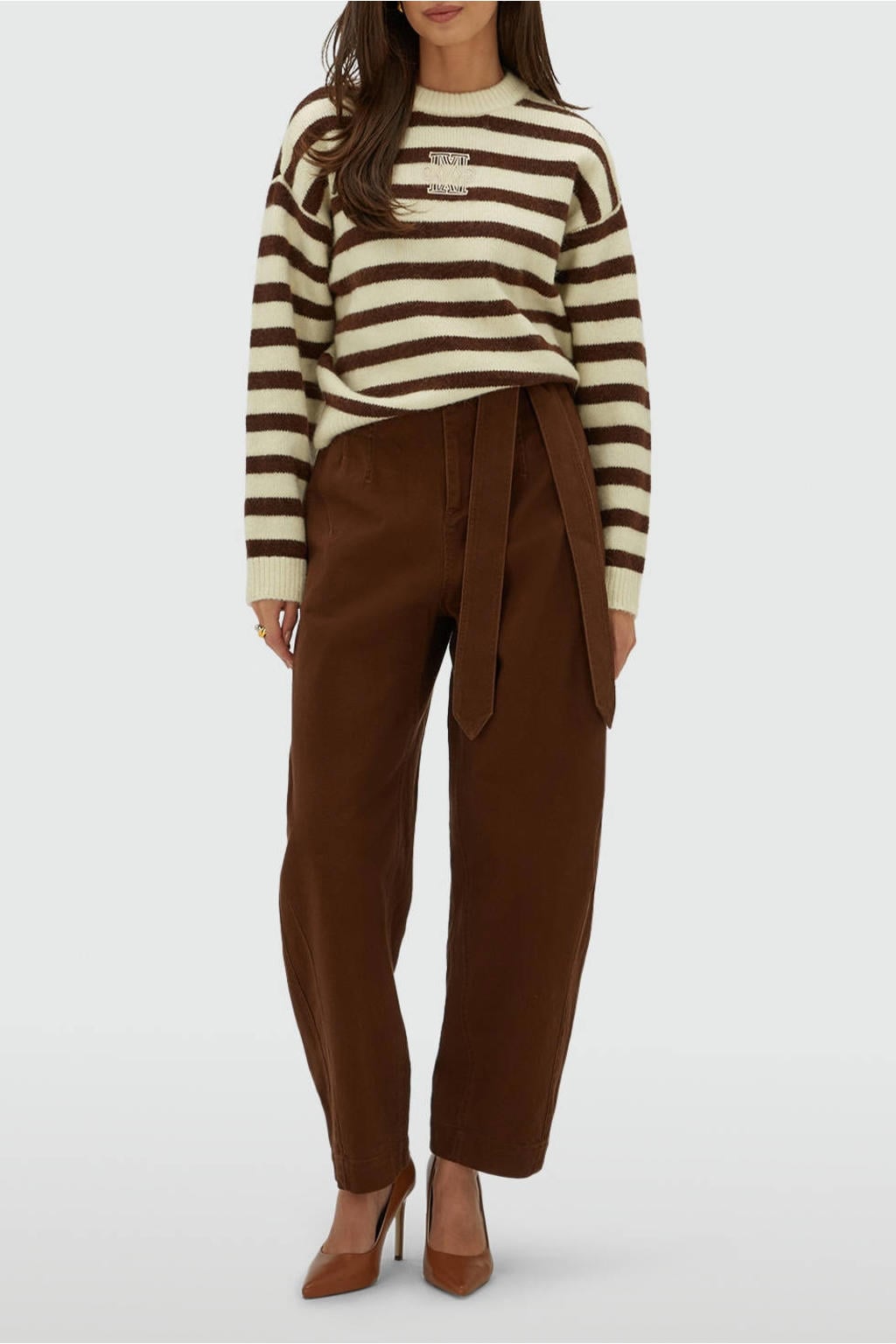 Bruine dames JOSH V gestreepte gebreide trui van polyester met logo dessin, lange mouwen en ronde hals