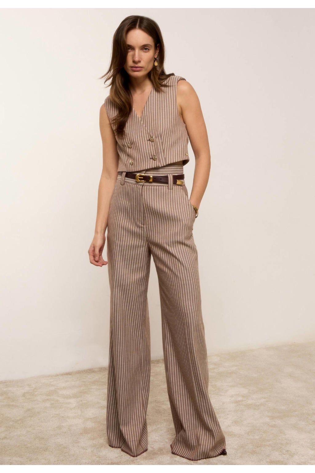 Bruine dames JOSH V high waist wide leg gestreepte broek met rits, haak- en knoopsluiting