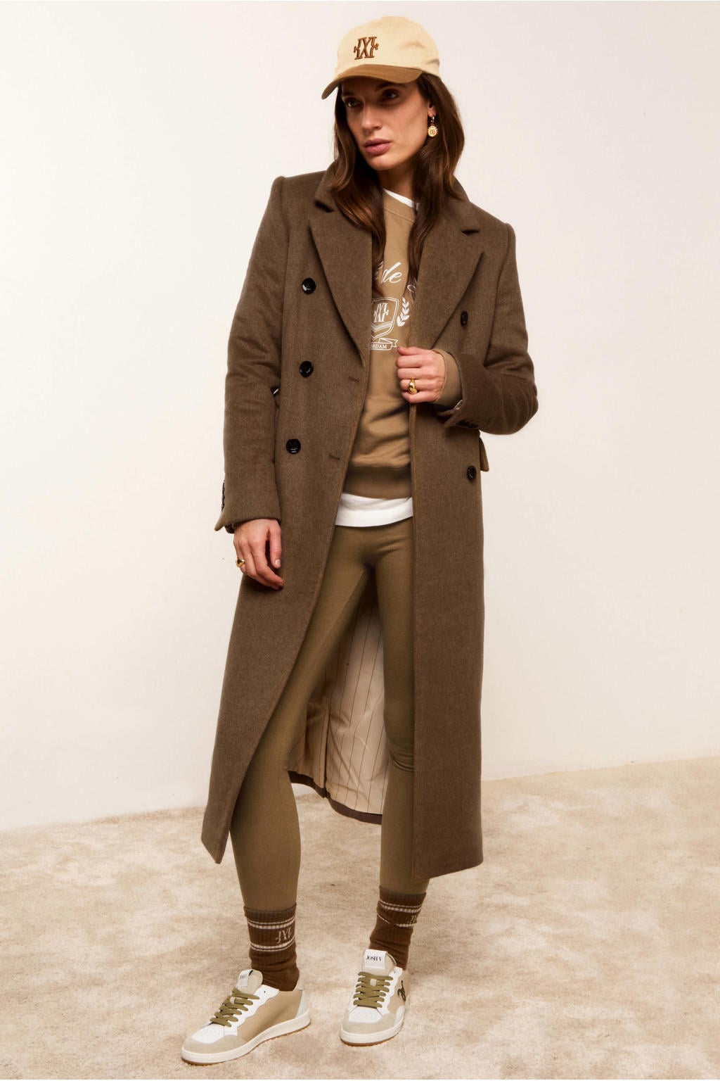 Kakikleurige dames JOSH V skinny legging van katoen met regular waist, elastische tailleband en effen