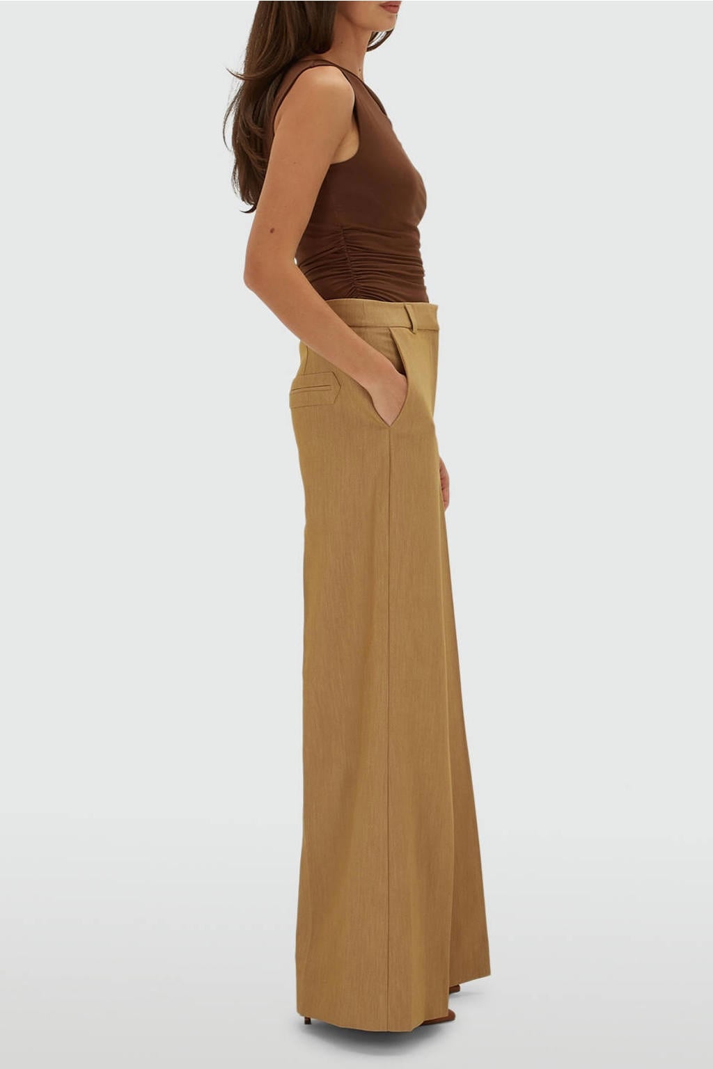 Camelkleurige dames JOSH V wide leg broek met high waist, rits- en haaksluiting en effen