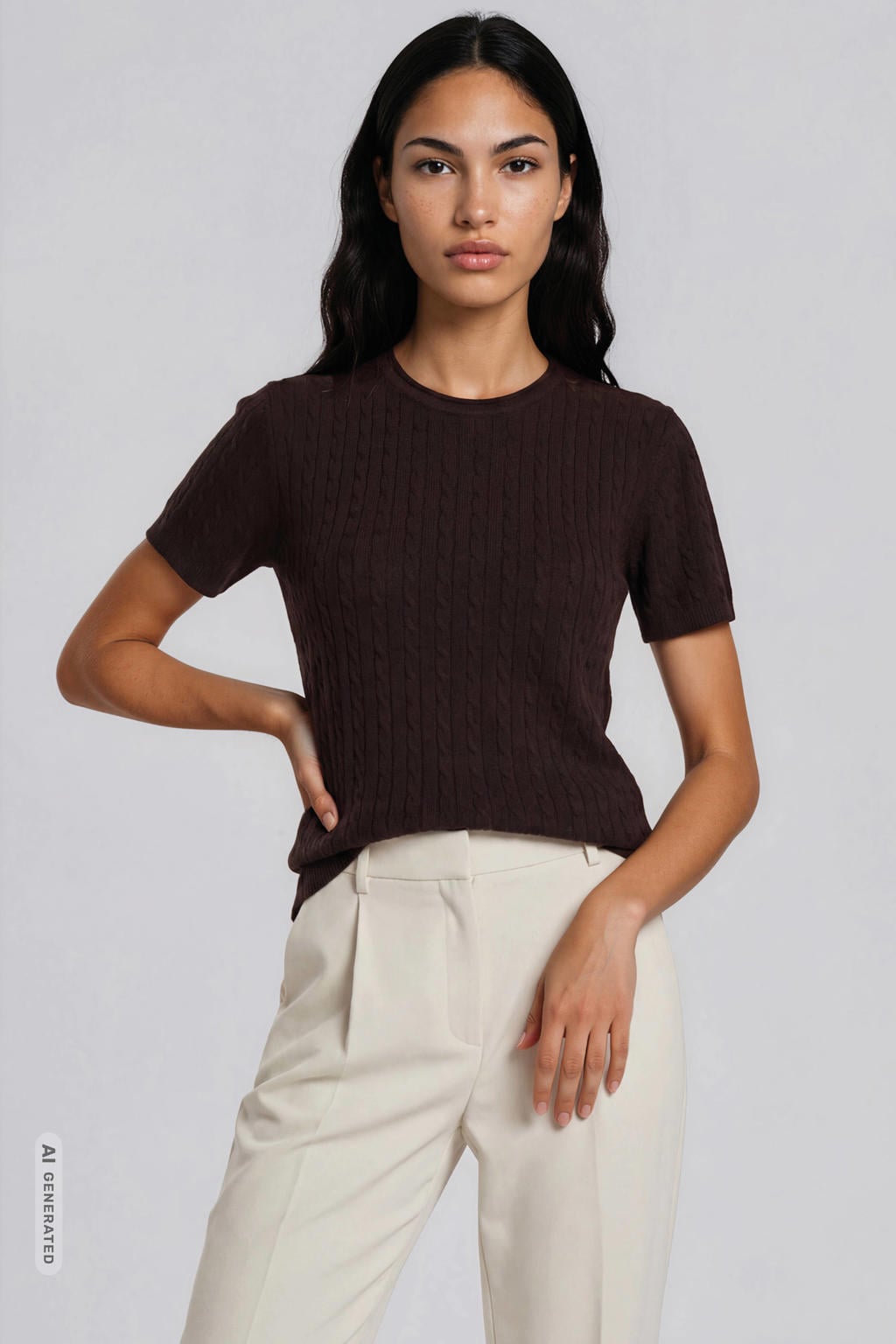 Bruine dames Bruuns Bazaar gebreide trui van viscose met effen, lange mouwen en ronde hals