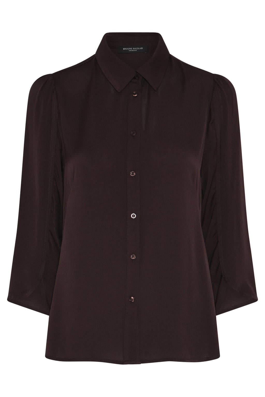 Donkerblauwe dames Bruuns Bazaar blouse van viscose met effen, lange mouwen, klassieke kraag en knoopsluiting