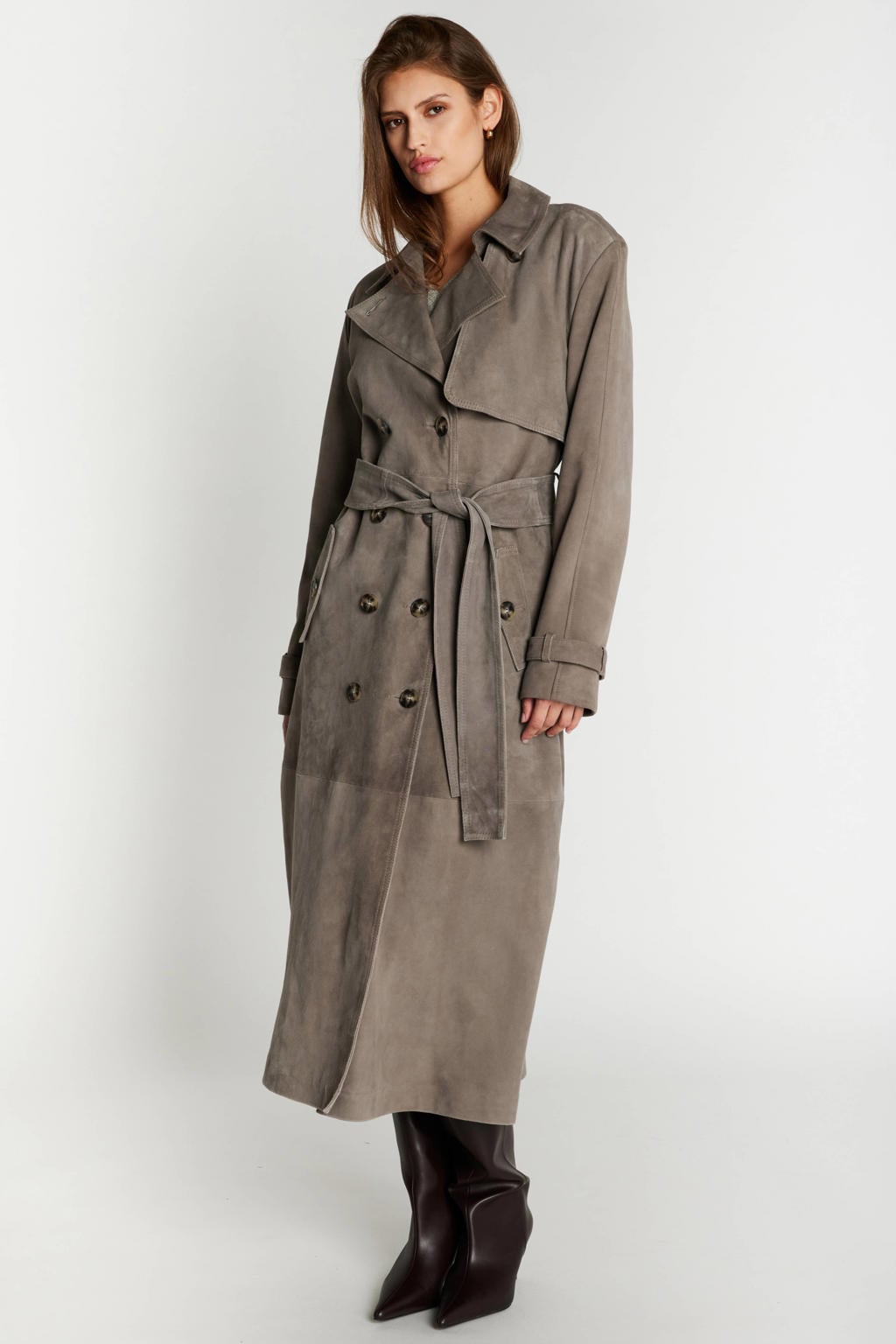 Grijze dames Bruuns Bazaar trenchcoat met effen, lange mouwen, reverskraag en ceintuur