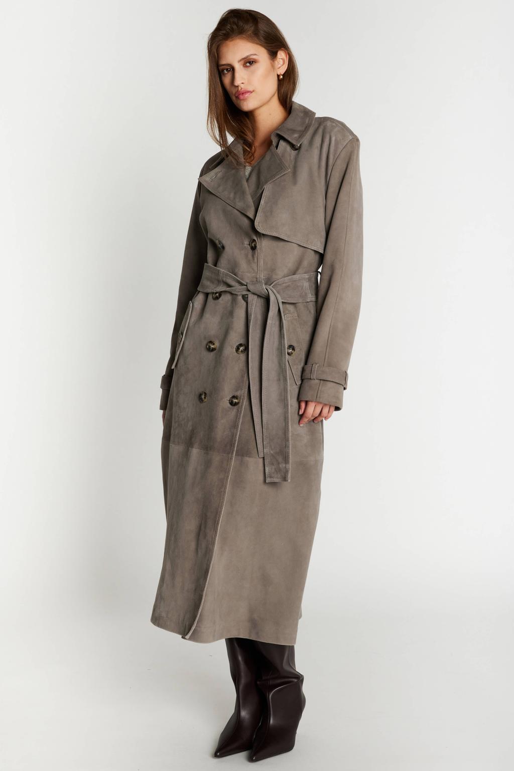 Grijze dames Bruuns Bazaar trenchcoat met effen, lange mouwen, reverskraag en ceintuur