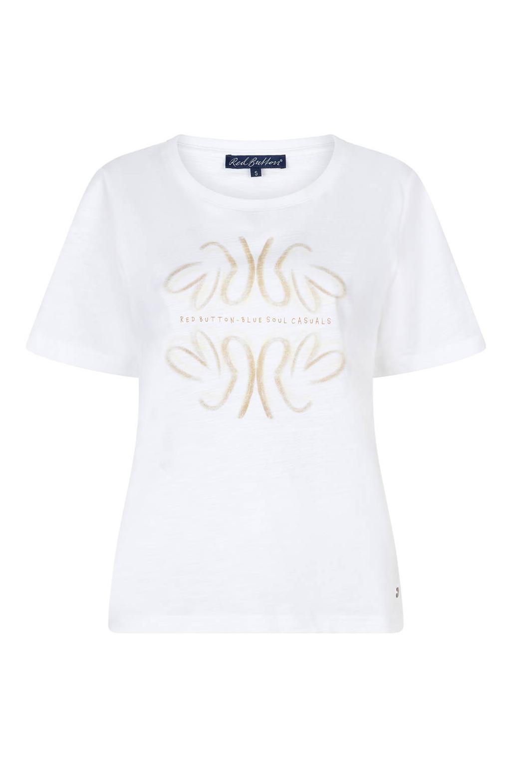 Witte dames Red Button T-shirt van katoen met printopdruk, korte mouwen en ronde hals
