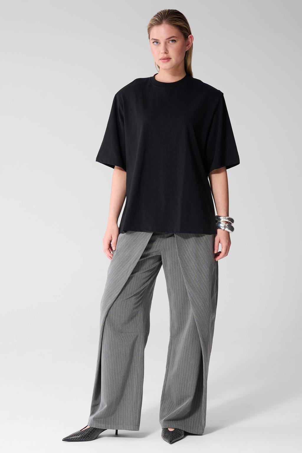Zwarte dames Shoeby T-shirt van viscose met effen, driekwart mouwen, ronde hals en split