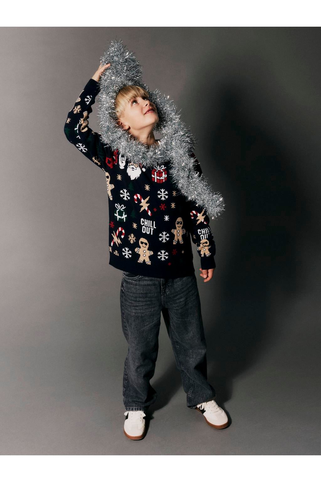 Donkerblauwe jongens NAME IT KIDS kersttrui van acryl met lange mouwen, ronde hals en geribde boorden