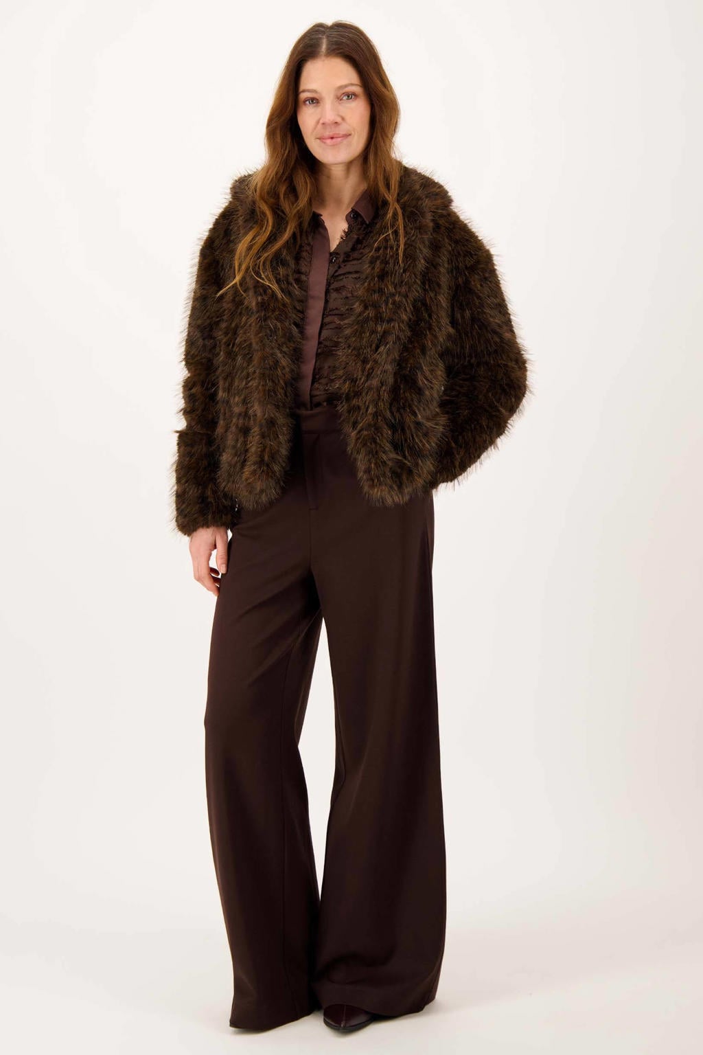 Bruine dames Zusss faux fur jas van polyester met panterprint en lange mouwen