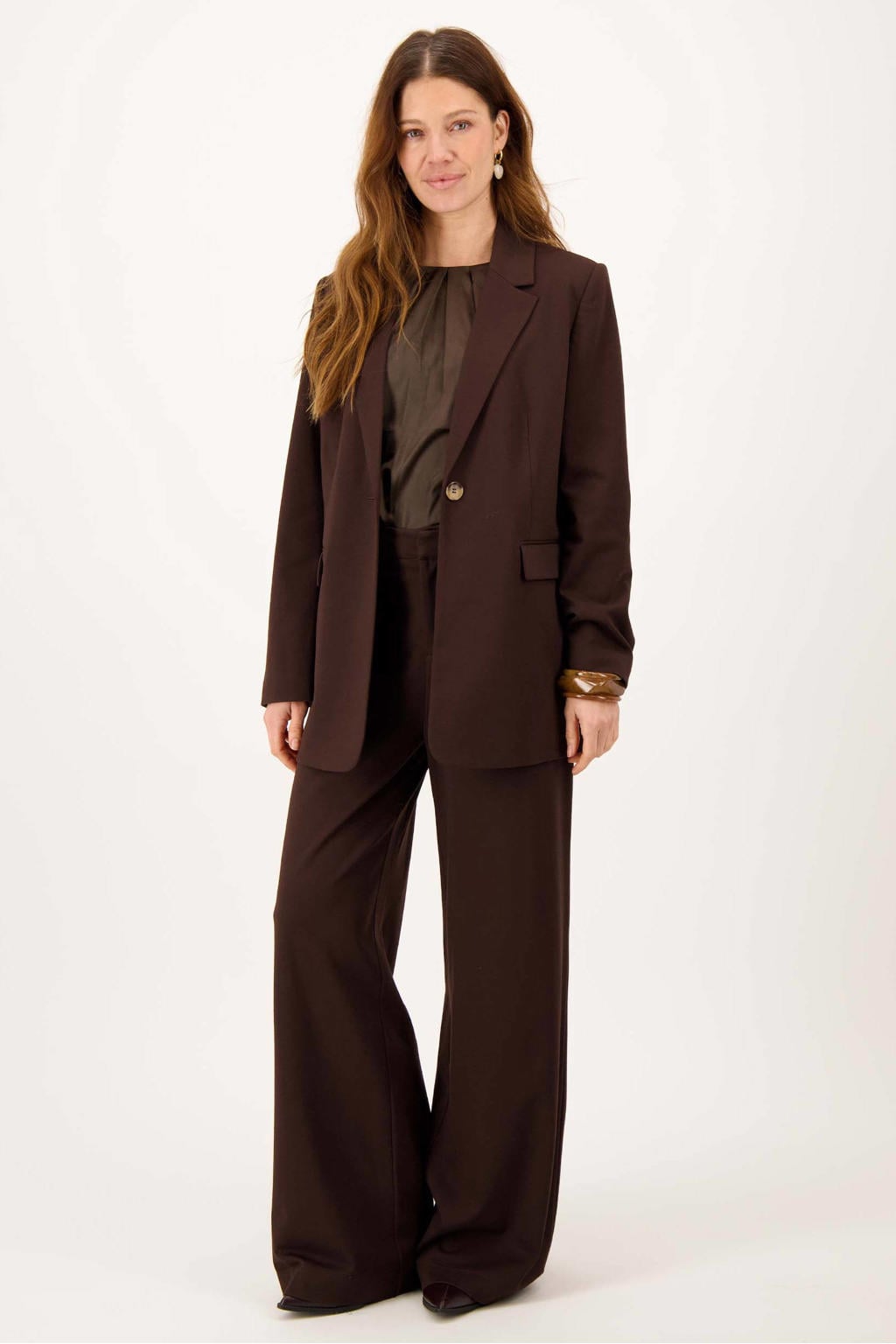 Bruine dames Zusss regular blazer van rayon met effen, lange mouwen, reverskraag en knoopsluiting