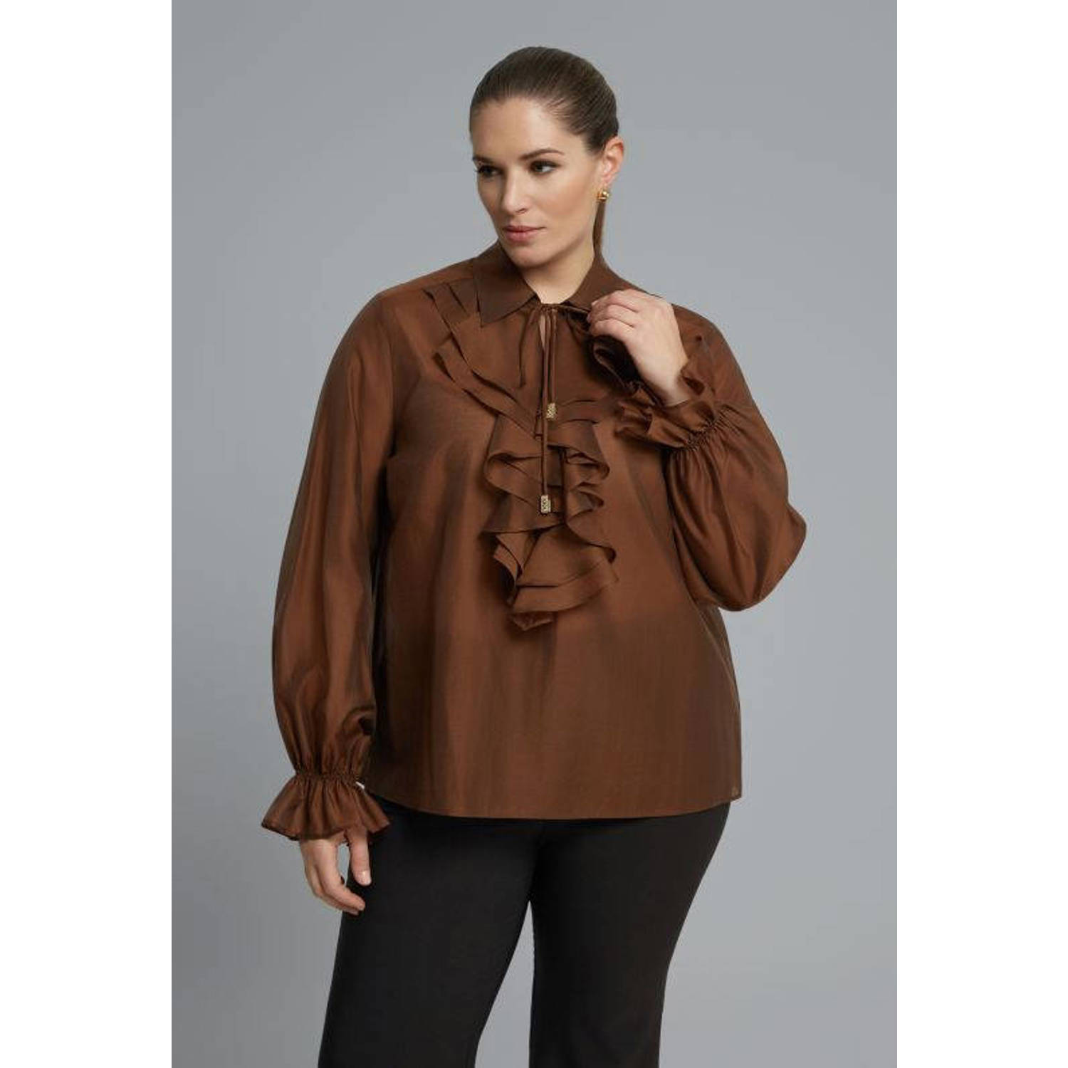 Mat Fashion Plus Size blouse met ruches bruin