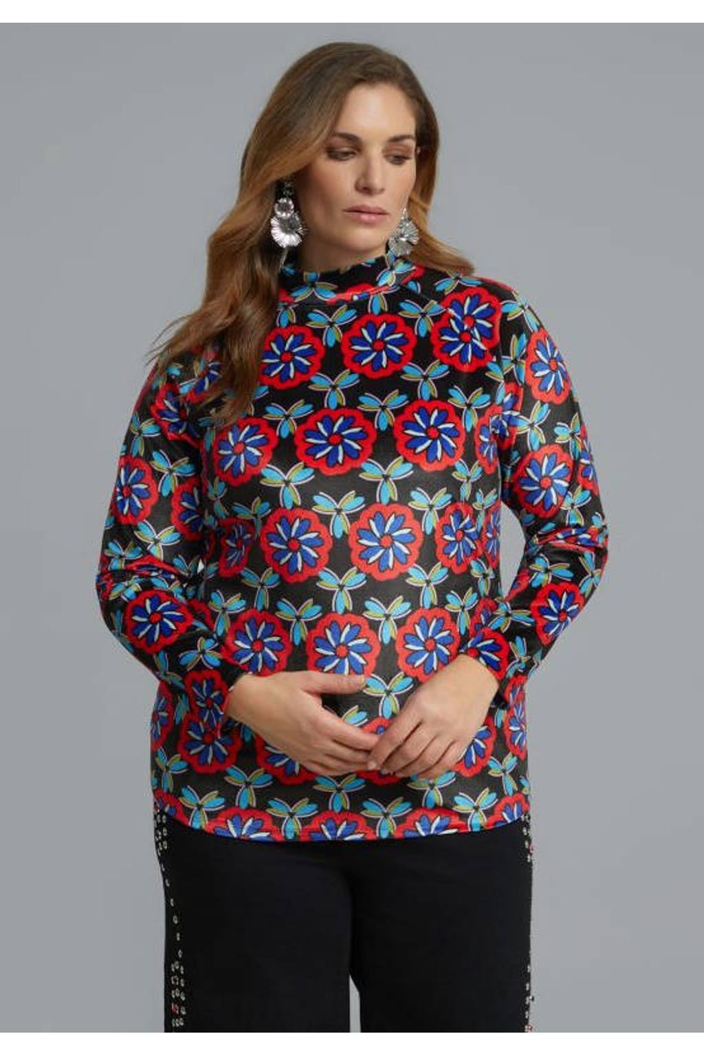 Rood, blauw en zwarte dames Mat Fashion Plus Size top en print van polyester met lange mouwen en col