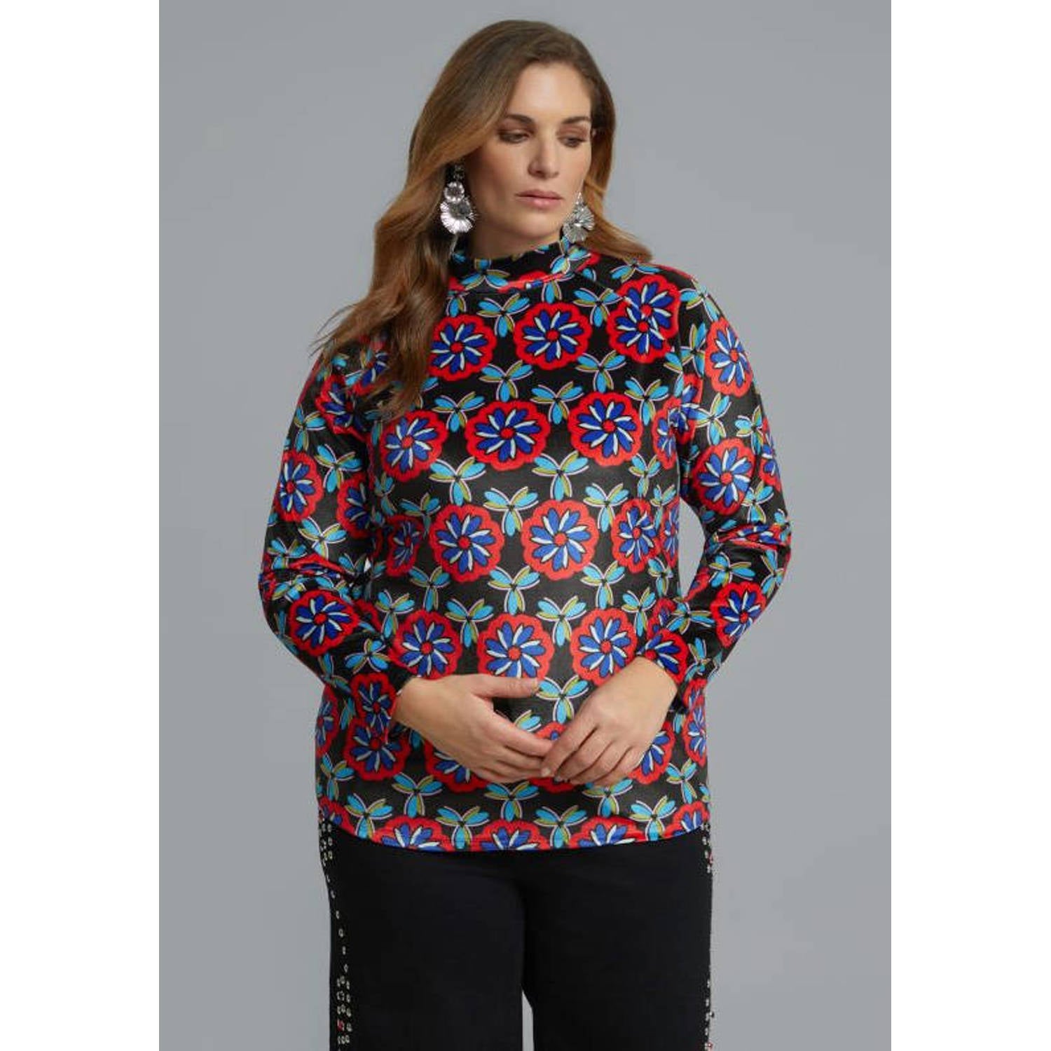 Mat Fashion Plus Size top met col en print rood blauw zwart