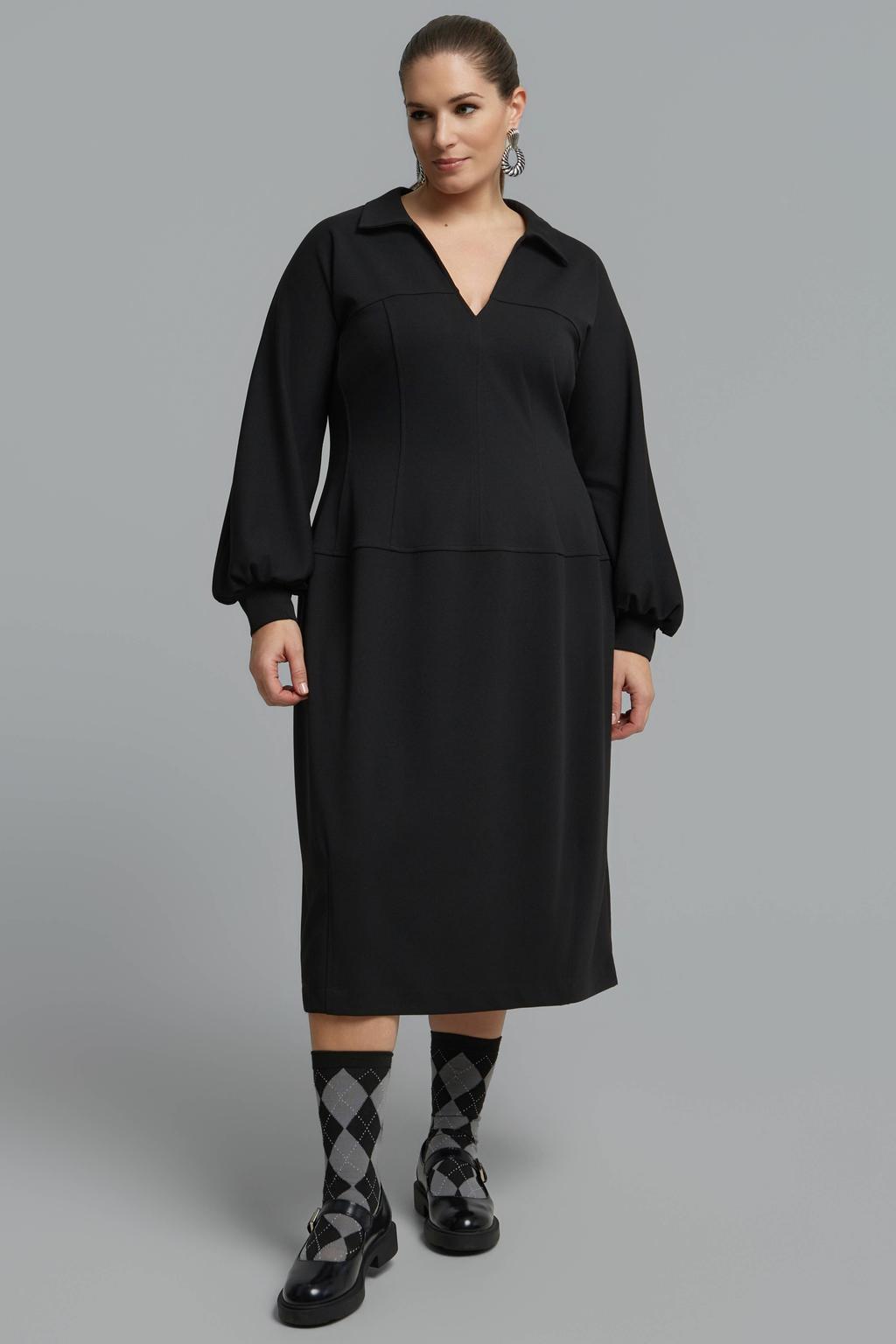 Zwarte dames Mat Fashion Plus Size A-lijn midi jurk van polyester met effen en lange mouwen