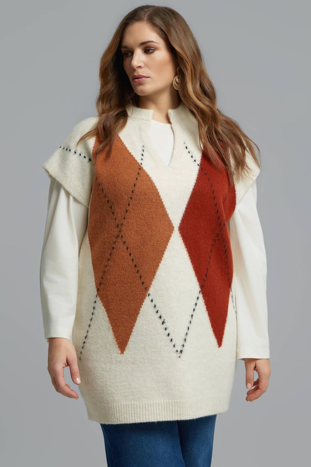 Ecru dames Mat Fashion Plus Size geruite gebreide trui van wol met korte mouwen