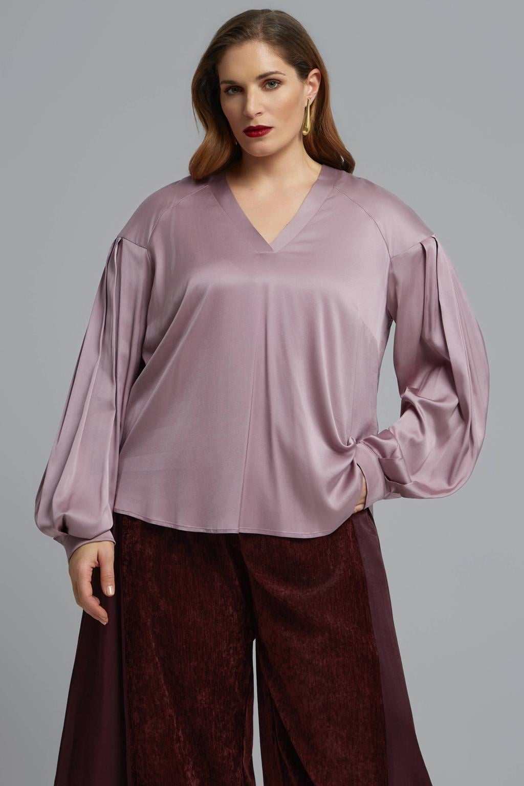 Oudroze dames Mat Fashion Plus Size blouse van viscose met effen, lange mouwen en knoopsluiting