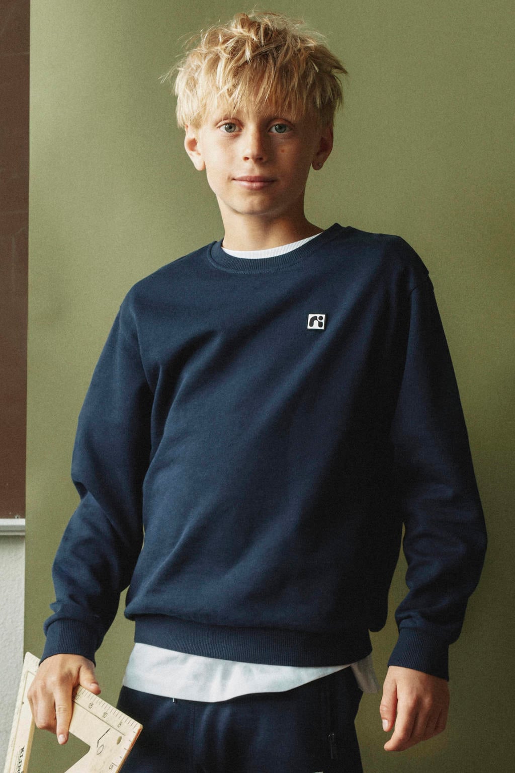 Donkerblauwe jongens NAME IT KIDS sweater met effen, lange mouwen, ronde hals en geribde boorden