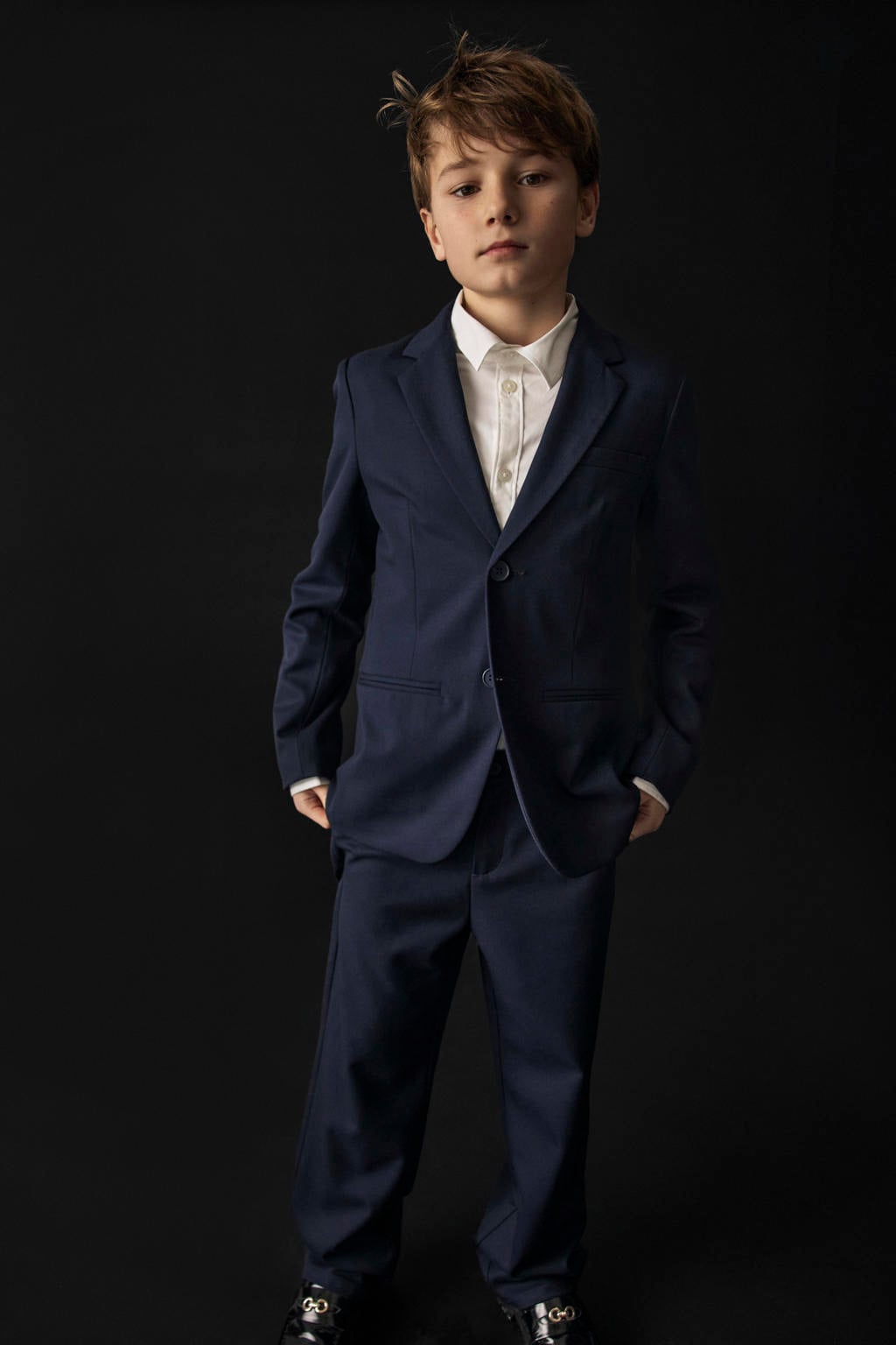 Donkerblauwe jongens NAME IT KIDS casual broek van polyester met knoopsluiting en effen